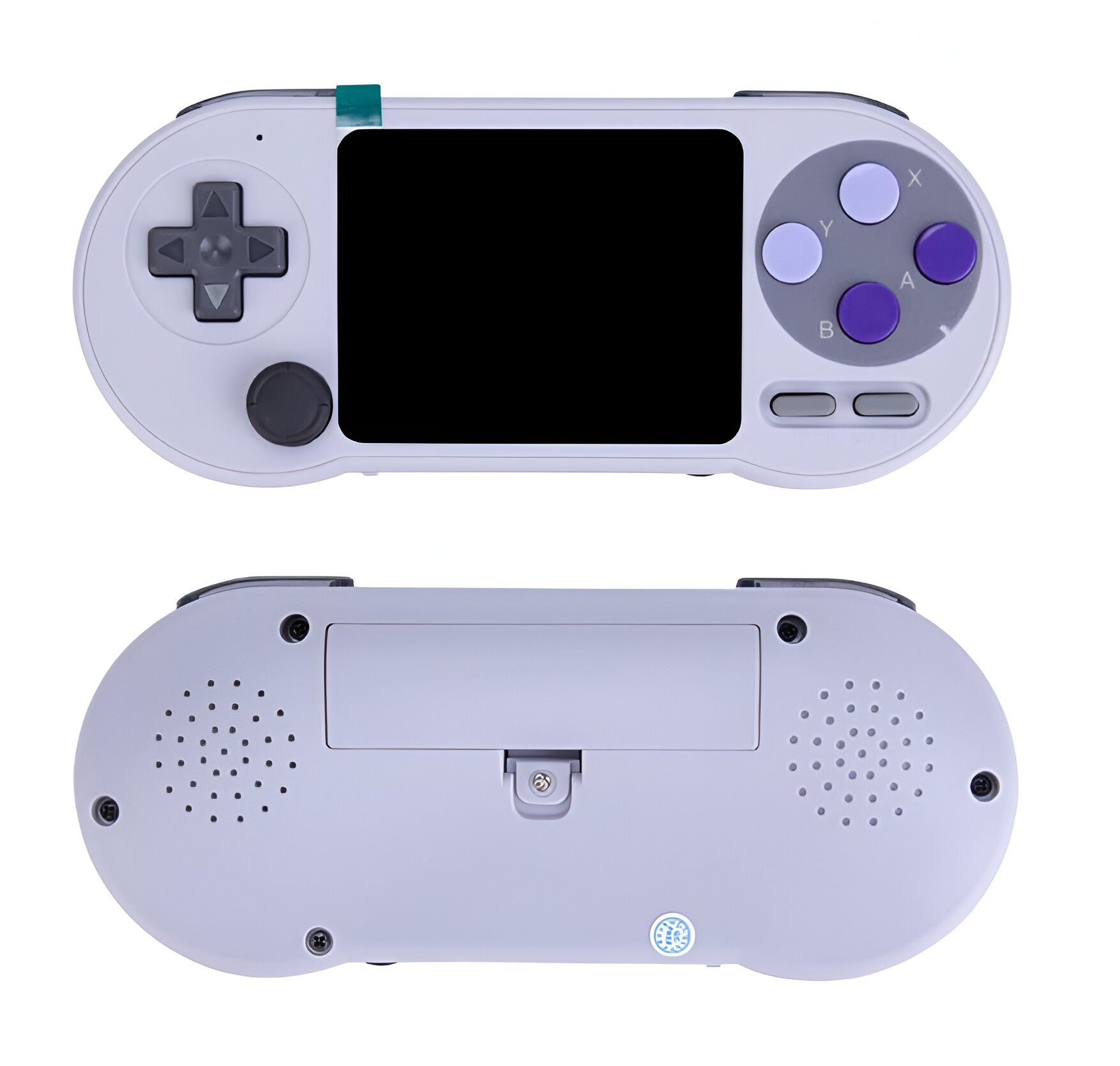 Una consola de juegos portátil de estilo retro, gris con botones morados, vista superior e inferior.