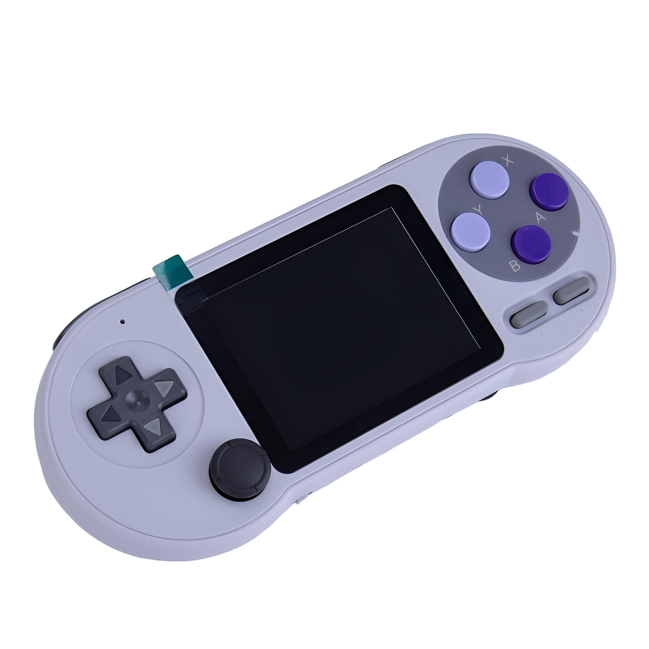 Consola de juegos retro portátil. Cuerpo gris con botones morados y negros.