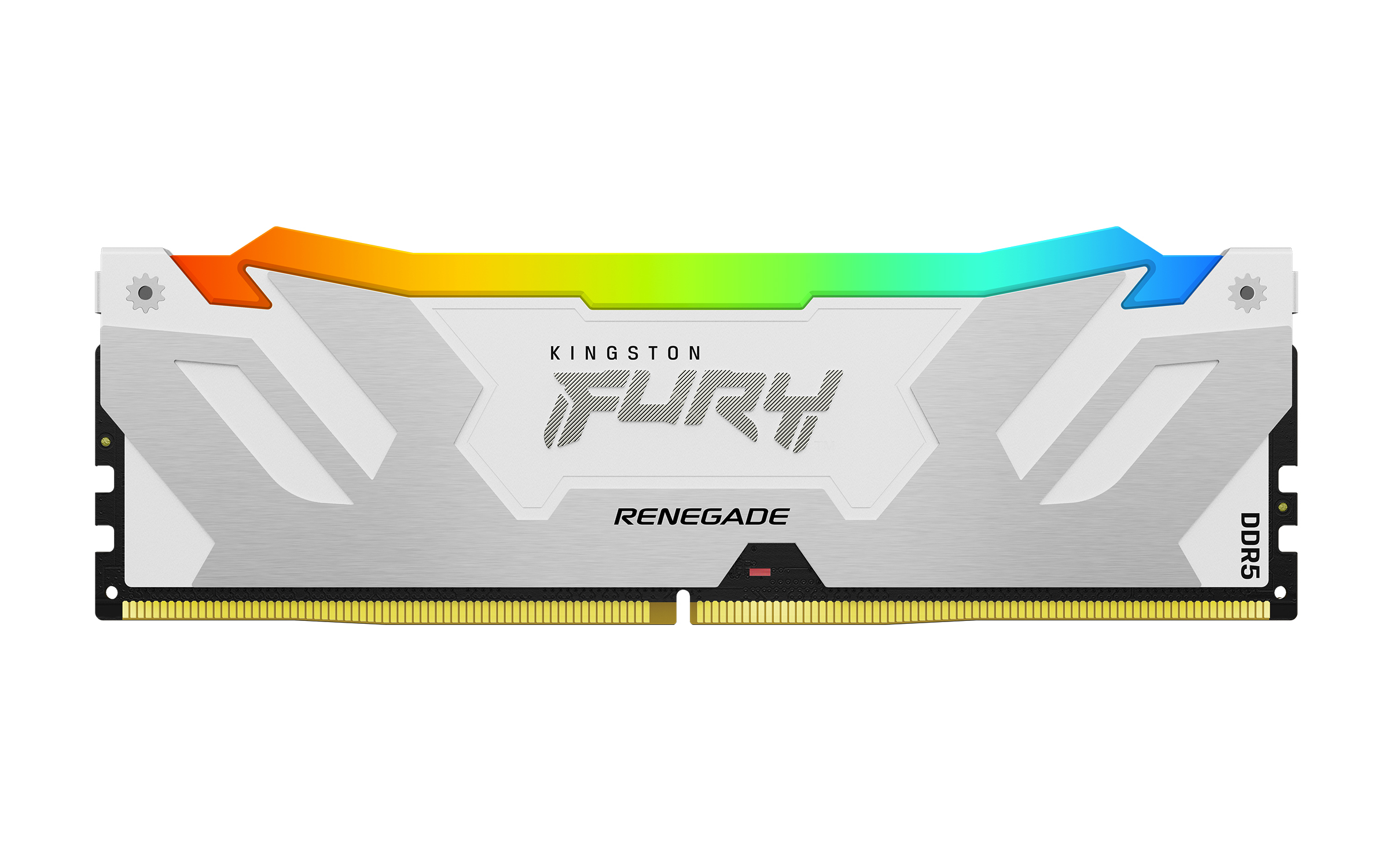 Moduł pamięci RAM Kingston FURY Renegade DDR5 z tęczowym paskiem świetlnym.