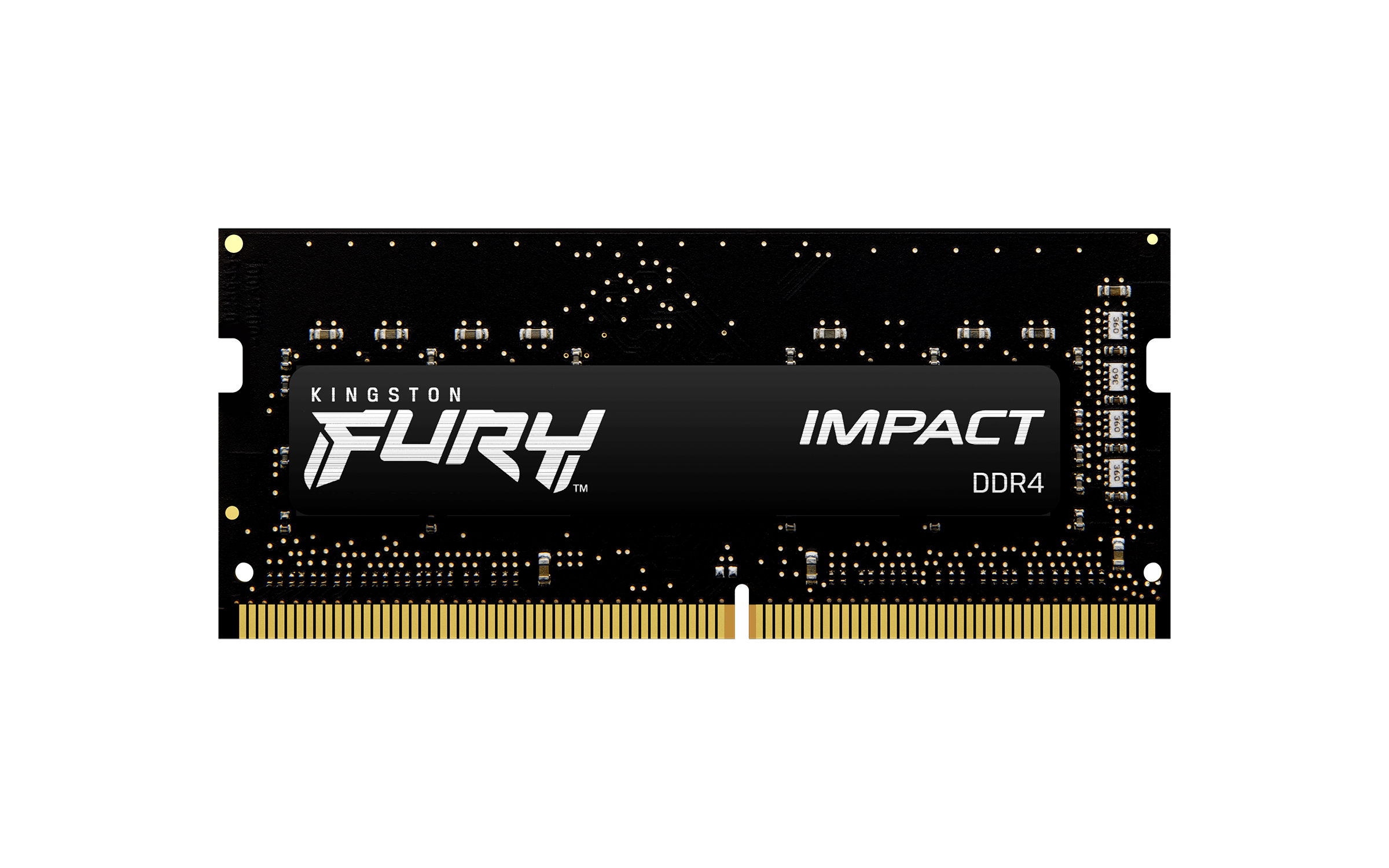 Czarny moduł RAM z białym tekstem, 'KINGSTON FURY IMPACT DDR4'.