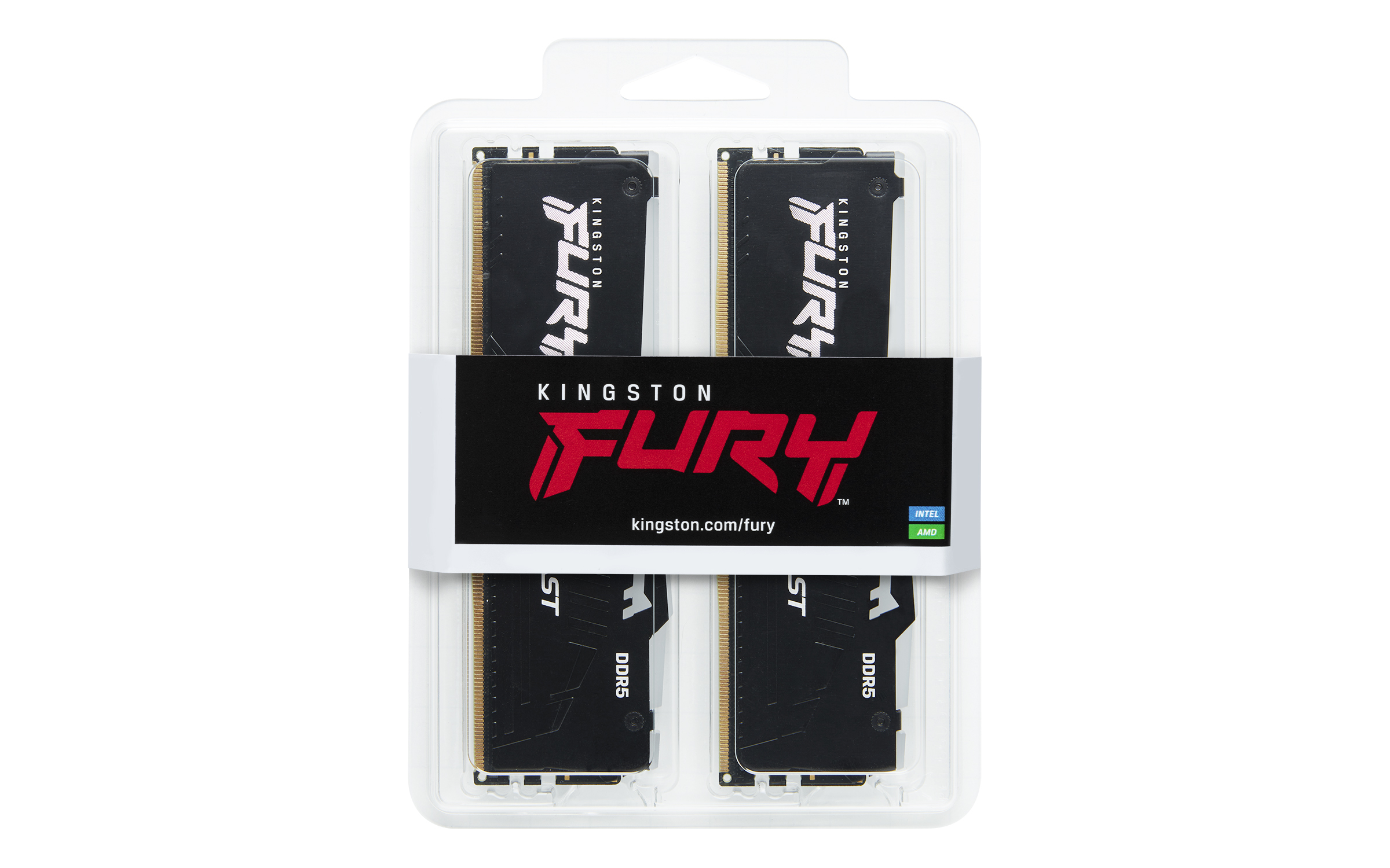 Opakowanie zawiera cztery czarne kości RAM Kingston Fury DDR5. Białe tło. Czarny i czerwony tekst na opakowaniu.