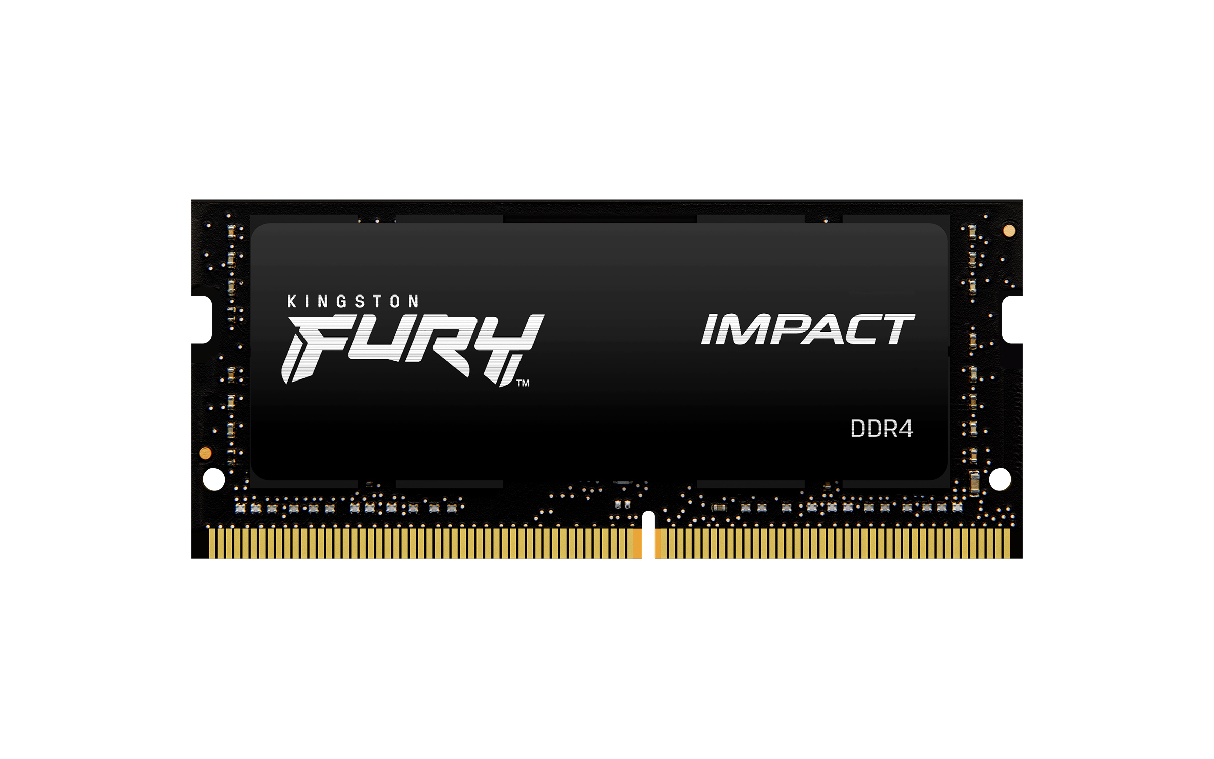 Czarny moduł pamięci RAM z etykietami 'Kingston FURY' i 'Impact DDR4'. Znajduje się na białym tle.