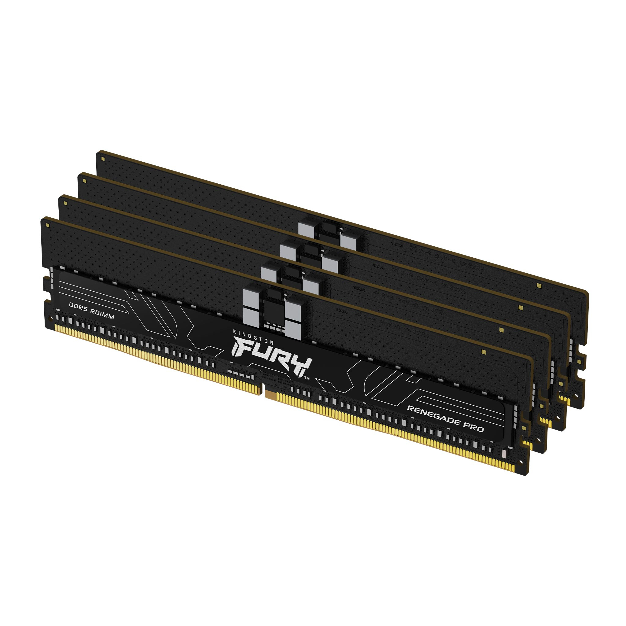 Cztery czarne moduły RAM ze złotymi złączami. Etykiety mówią 'KINGSTON FURY RENEGADE PRO DDR4'.