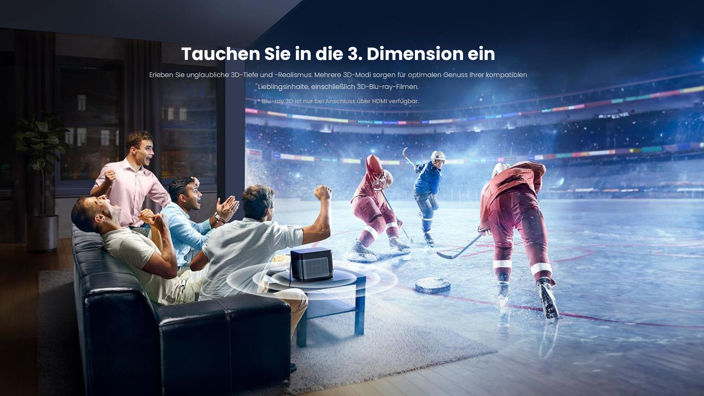 Ludzie oglądający mecz hokeja na ekranie z produktem na stole. Scena kina domowego.