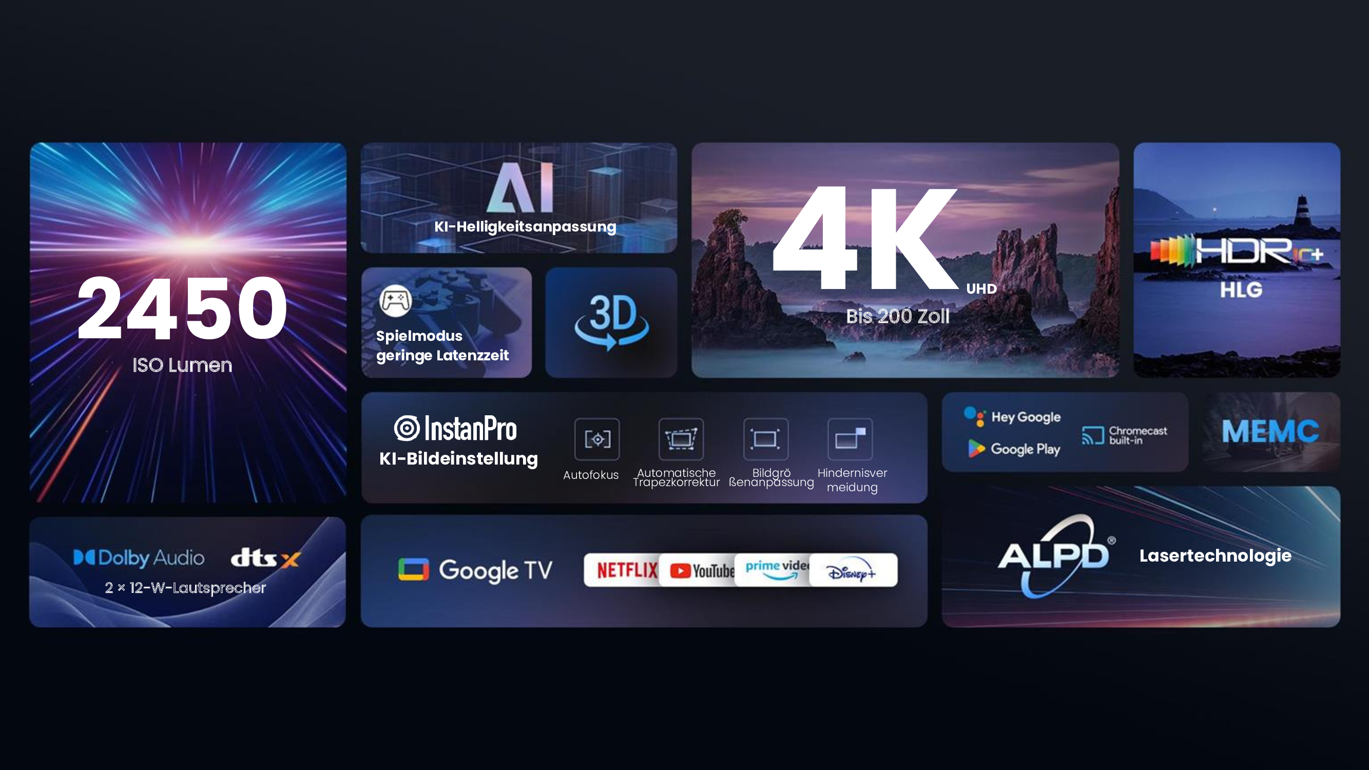 Obraz promocyjny z funkcjami telewizora, w tym 4K, HDR+ i różnymi funkcjami Smart TV.