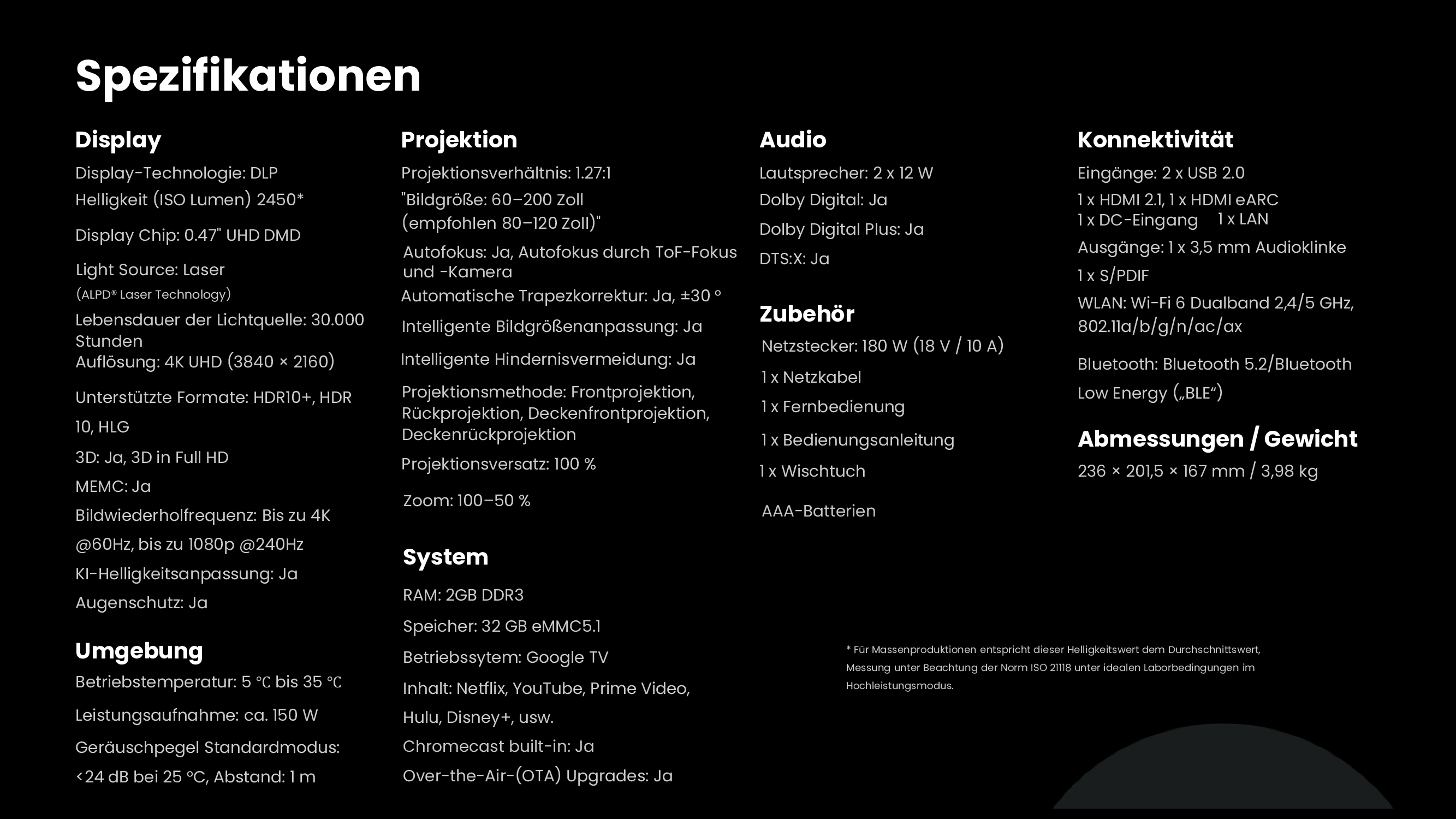 Strona ze specyfikacjami w języku niemieckim, z nagłówkami i tekstem.