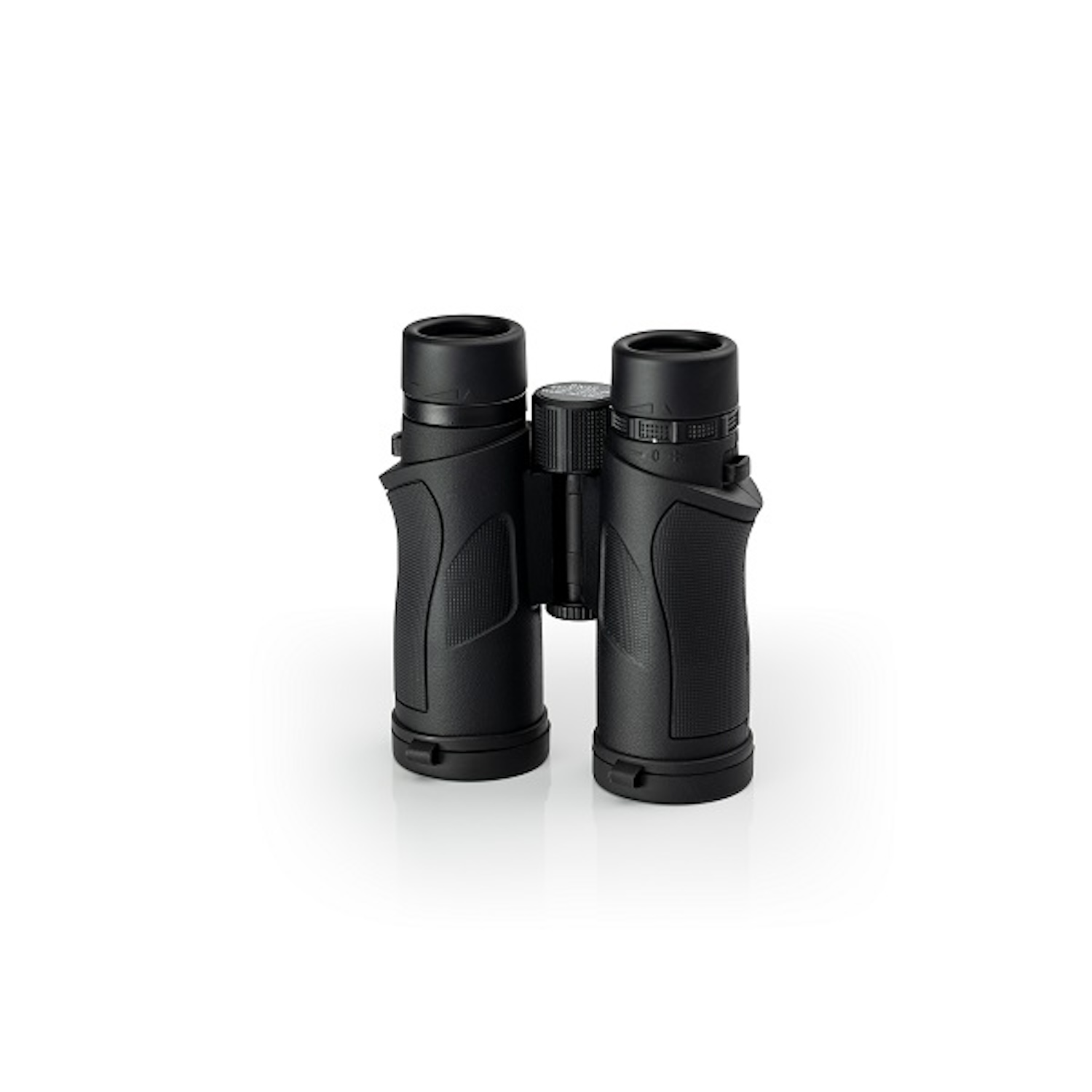 Schwarzes Fernglas auf weißem Hintergrund, mit einem Fokussierrad in der Mitte.