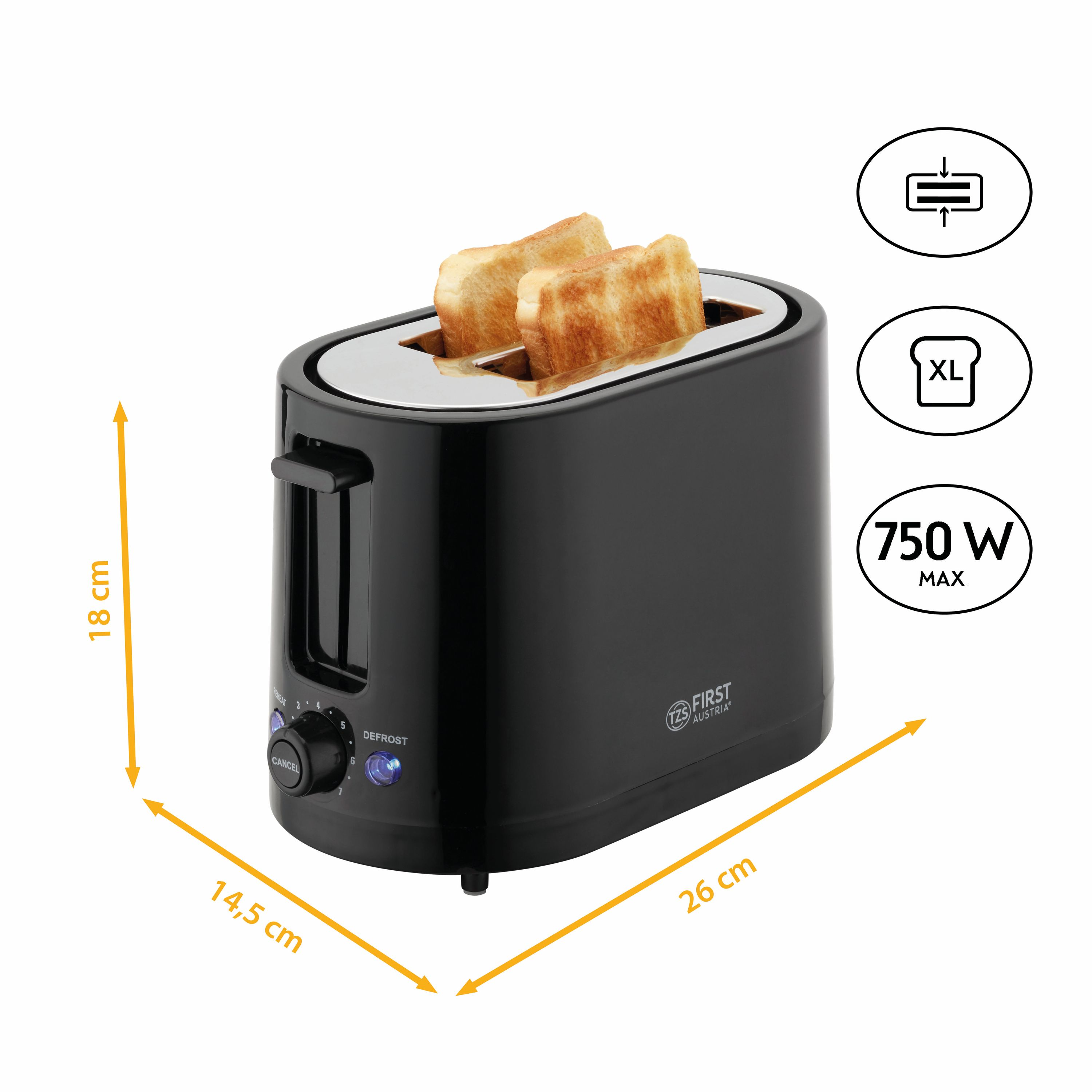 Ein schwarzer Toaster mit zwei Toastscheiben. Abmessungen und Leistungsinformationen sind angegeben.
