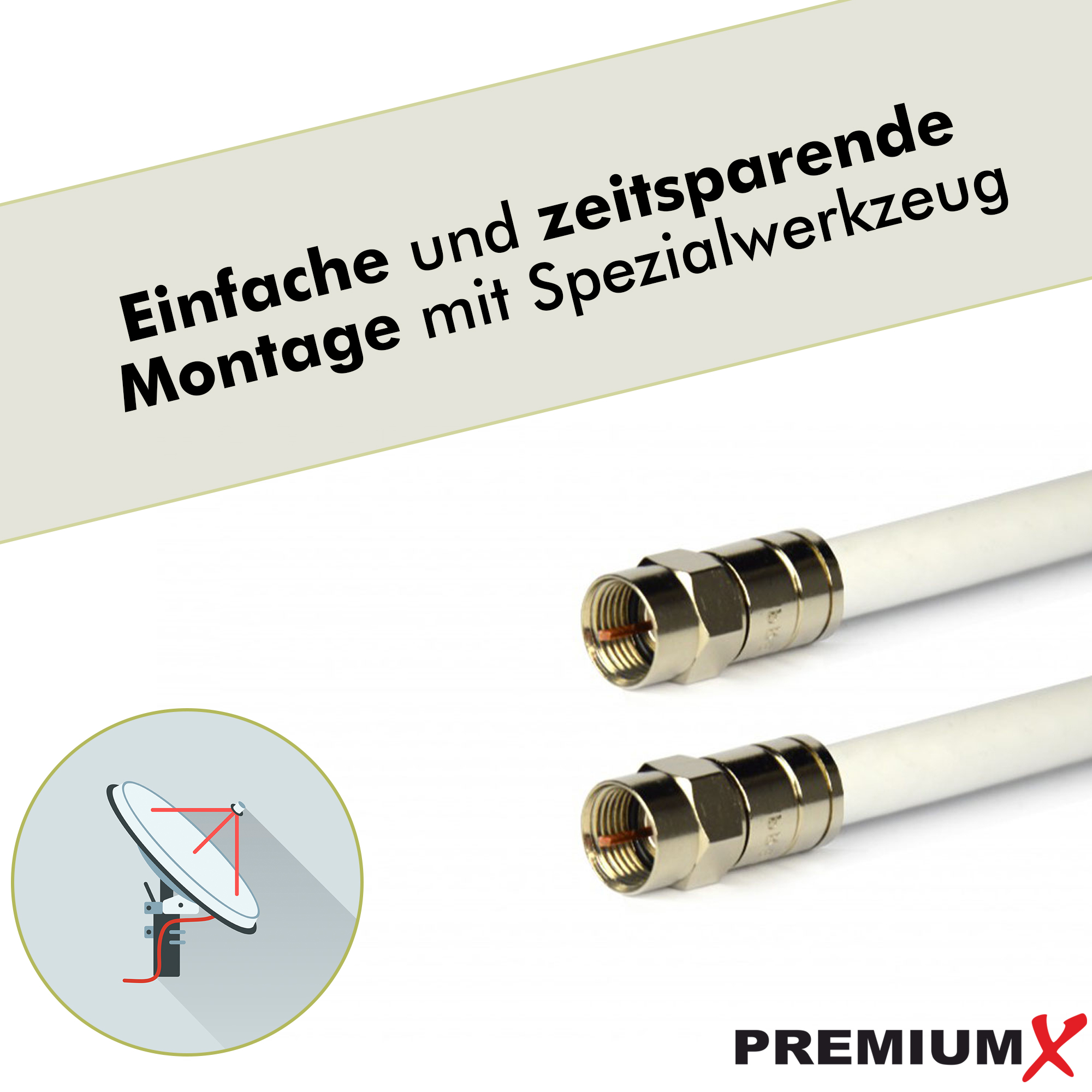 Zwei weiße Koaxialkabel mit Steckern. Text: 'Einfache und zeitsparende Montage mit Spezialwerkzeug'.
