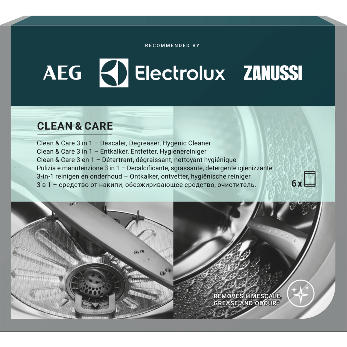 Pudełko z tekstem i obrazami zmywarki. Białe tło. Loga AEG, Electrolux, Zanussi.