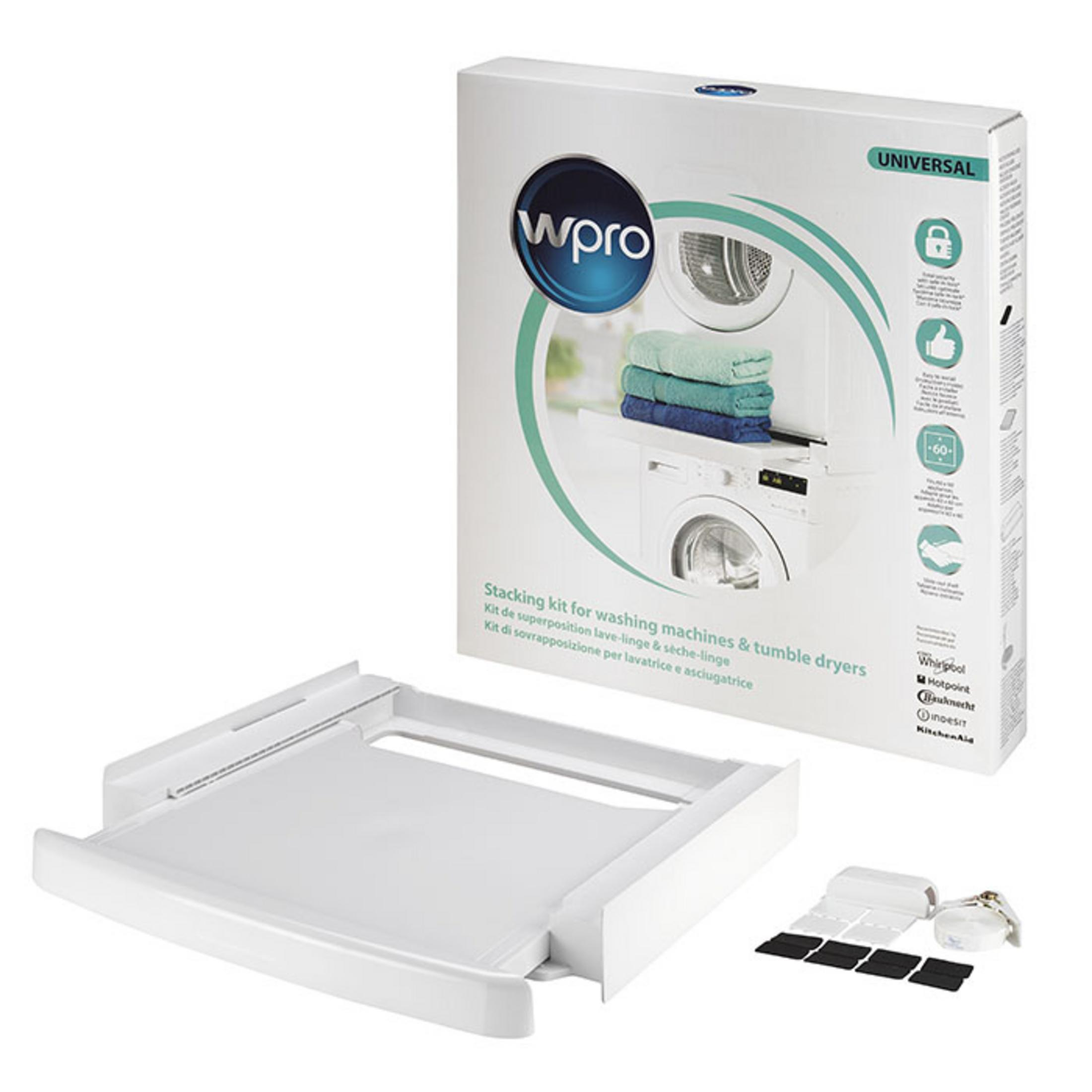 Stapelkit voor wasmachines en drogers, in doos en gemonteerd.