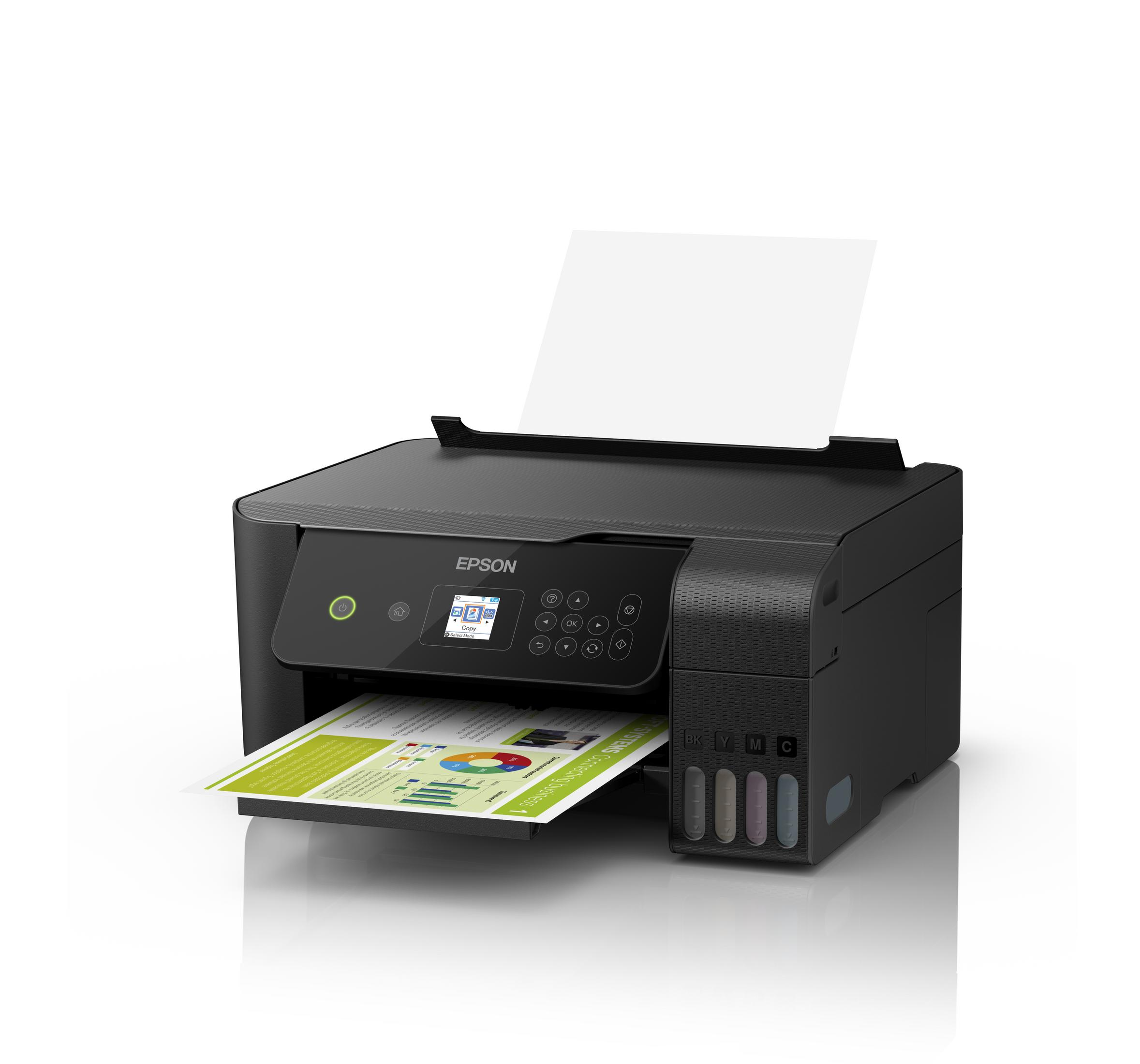 Stampante Epson nera, stampa un foglio con un grafico verde e giallo, sfondo bianco.