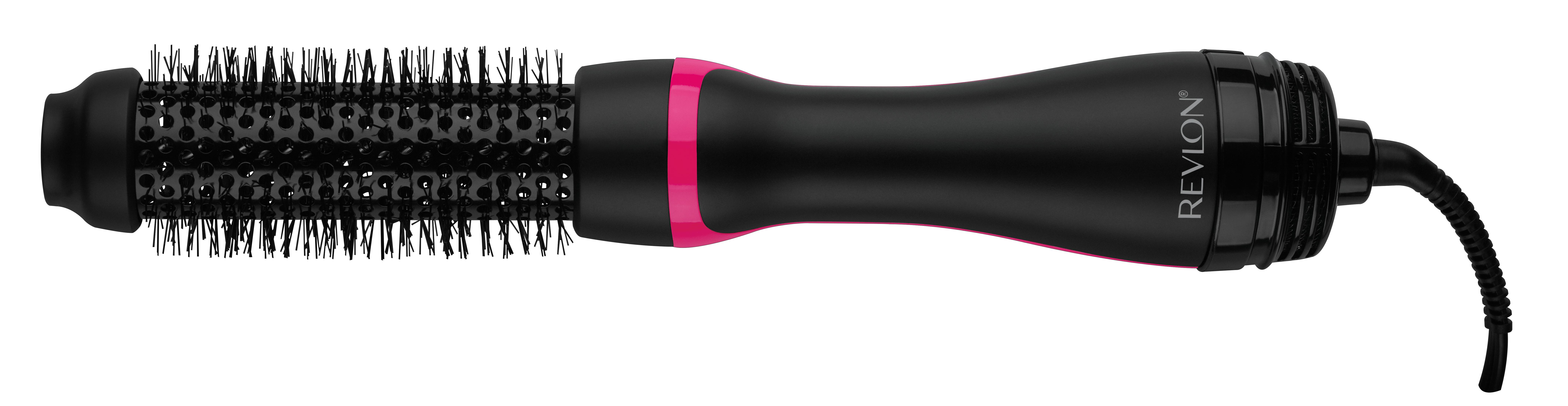 Czarna i różowa szczotka do suszenia włosów. Szczotka ma okrągłą główkę z włosiem.
