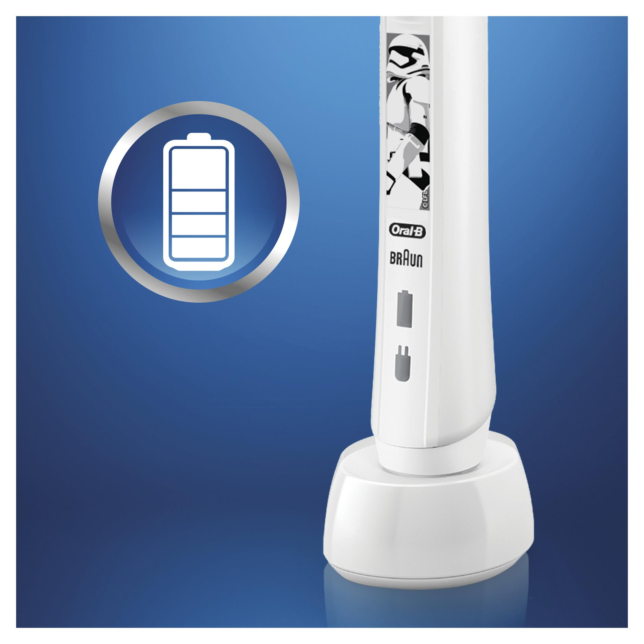 Biała stacja ładująca szczoteczki do zębów Oral-B Braun z symbolem baterii i grafiką Stormtroopers.