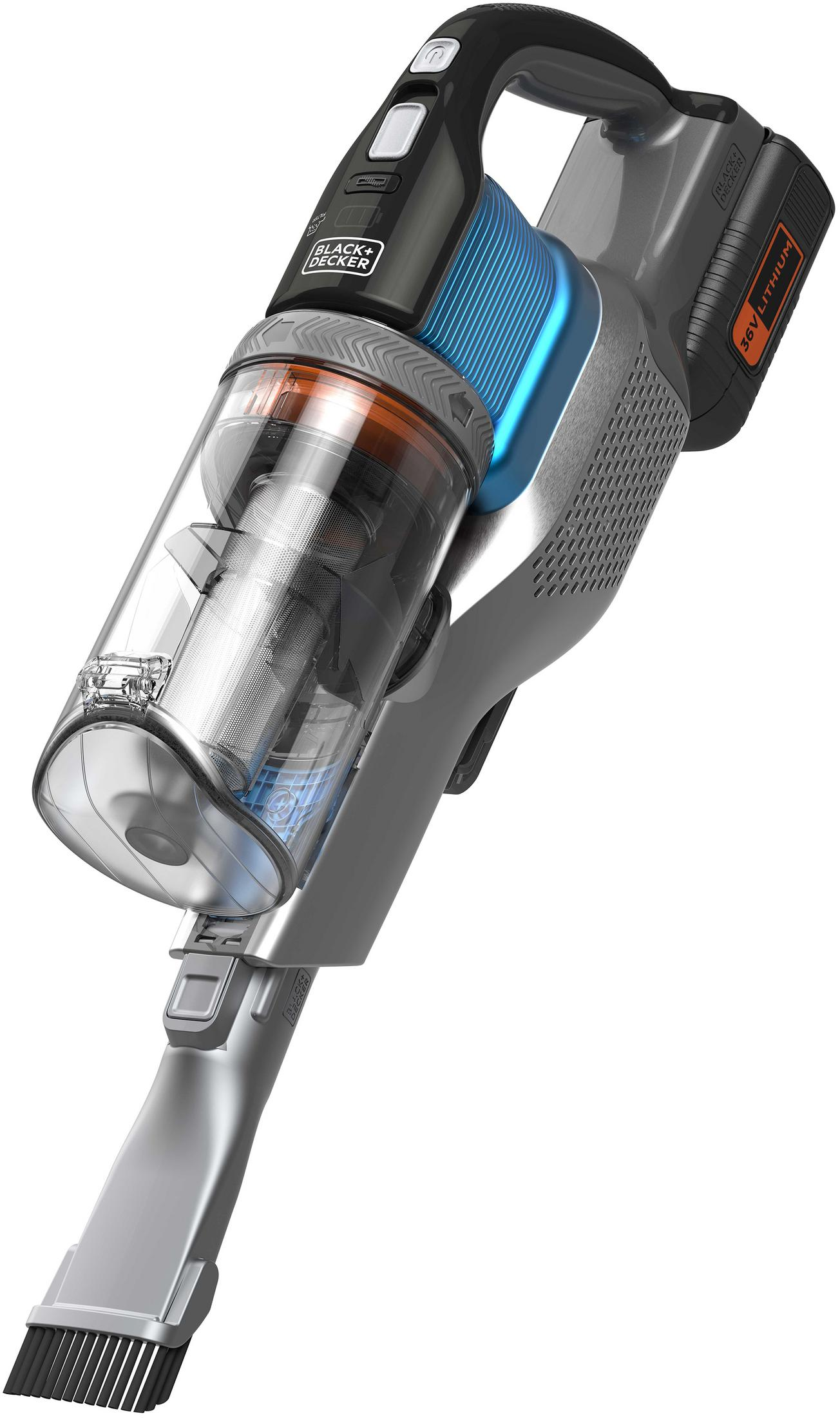 Aspirapolvere portatile con contenitore trasparente, corpo grigio, dettagli blu e manico nero.
