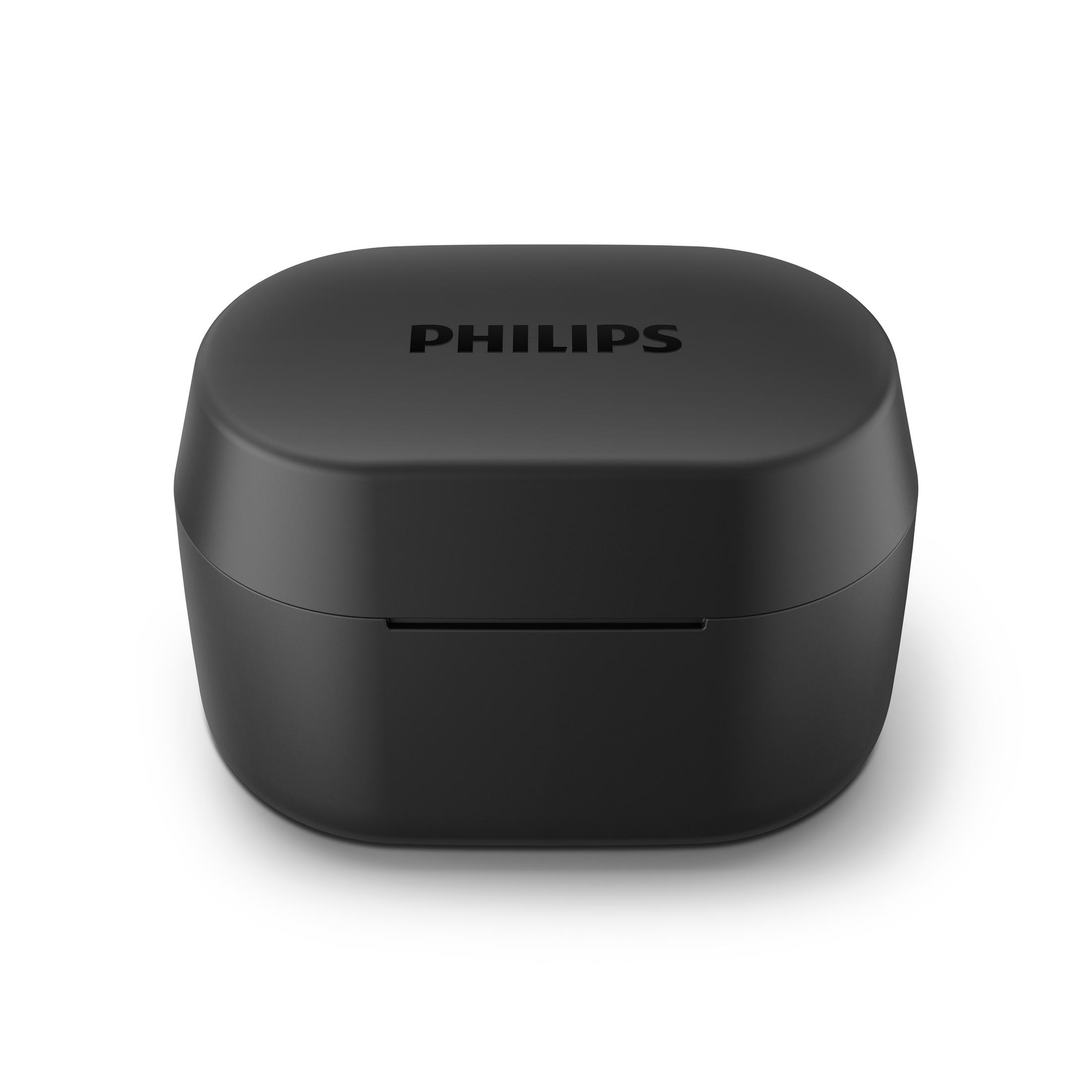 Un astuccio di ricarica nero e quadrato per auricolari. C'è la scritta 'PHILIPS' stampata sopra.