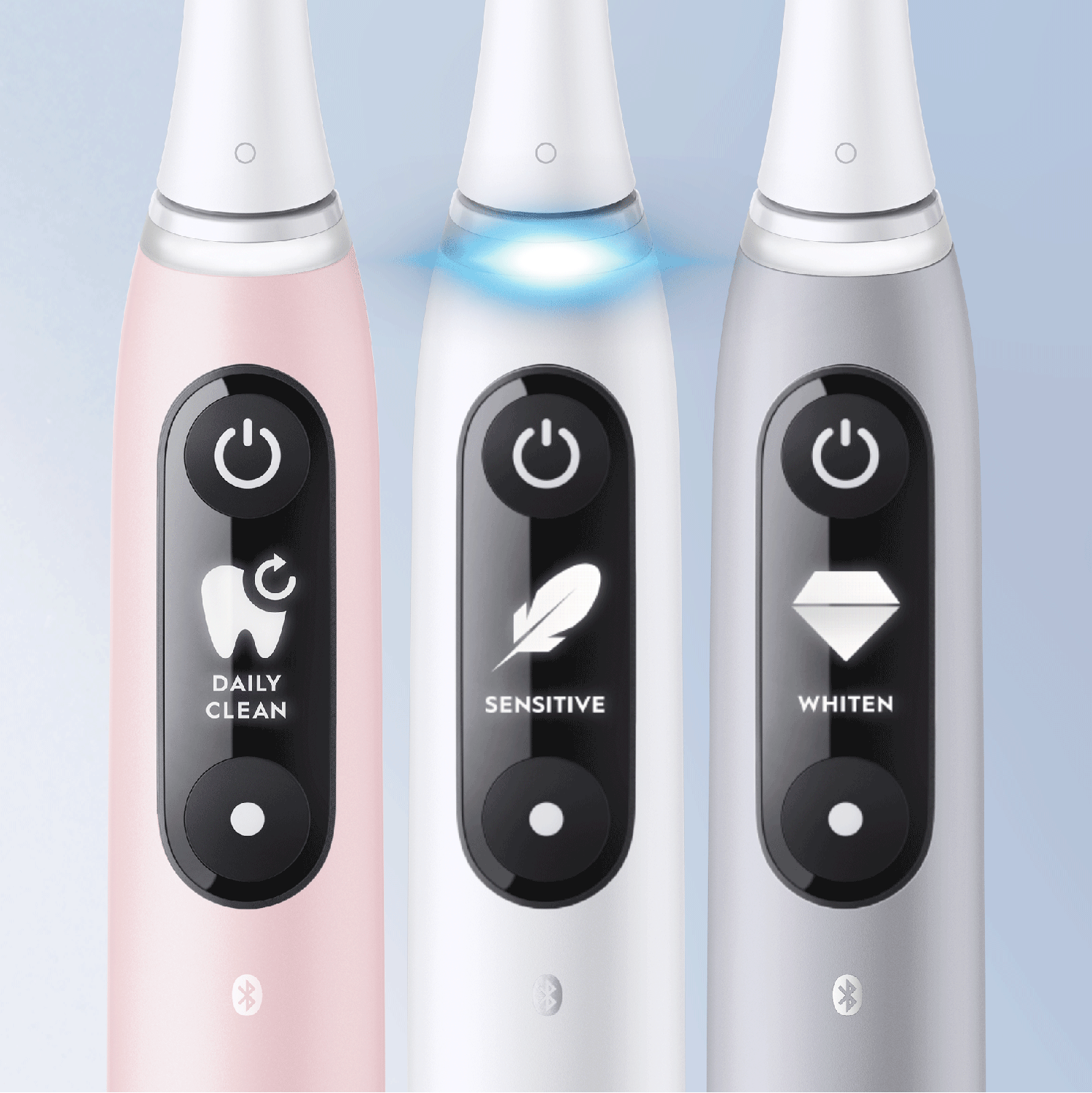 Tres cepillos de dientes eléctricos con modos: Daily Clean, Sensitive, Whiten.