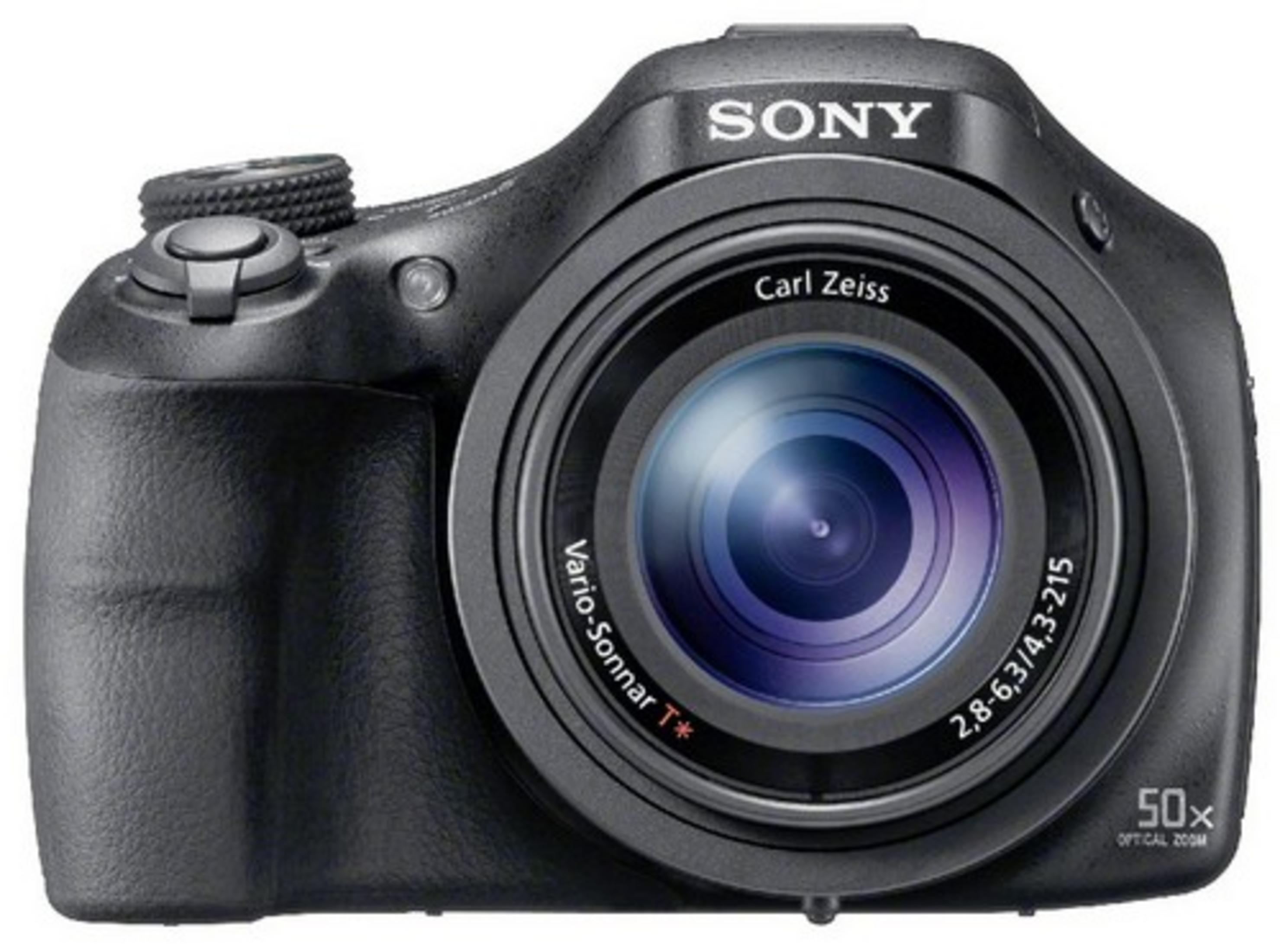 Schwarze Sony-Kamera mit großem Objektiv, Knöpfen oben und Sony-Logo. Weißer Hintergrund.