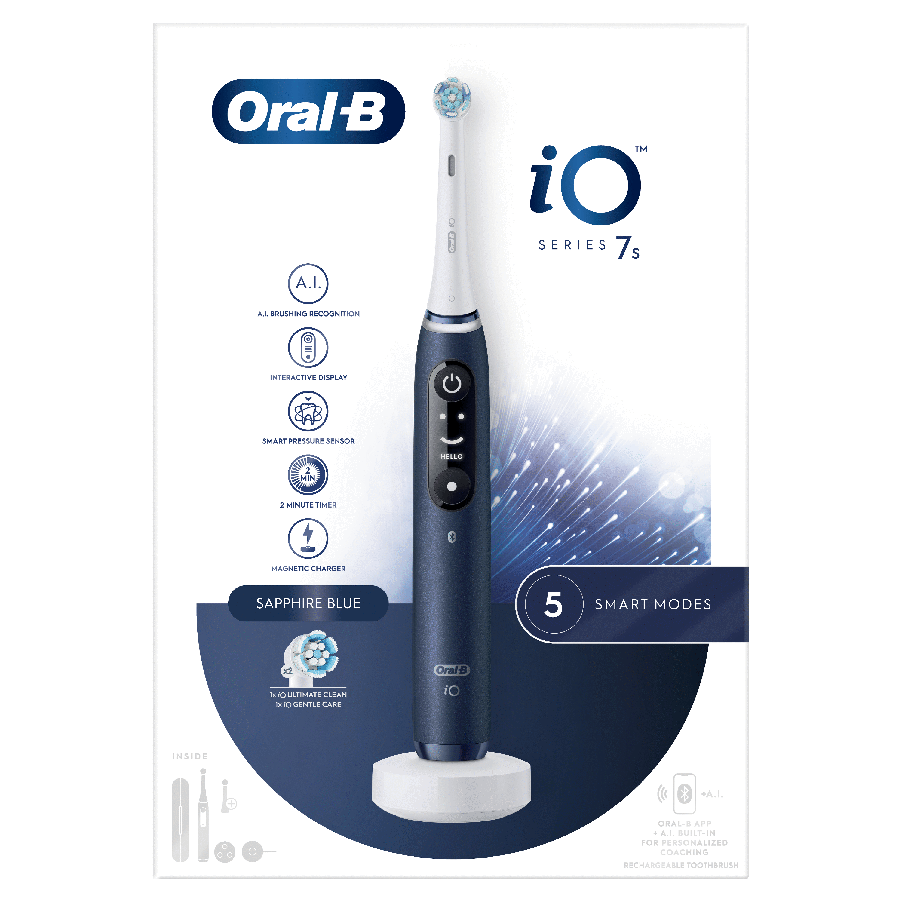 Uno spazzolino elettrico Oral-B iO Series 7s, blu zaffiro, su supporto bianco. Con AI, display interattivo e modalità intelligenti.