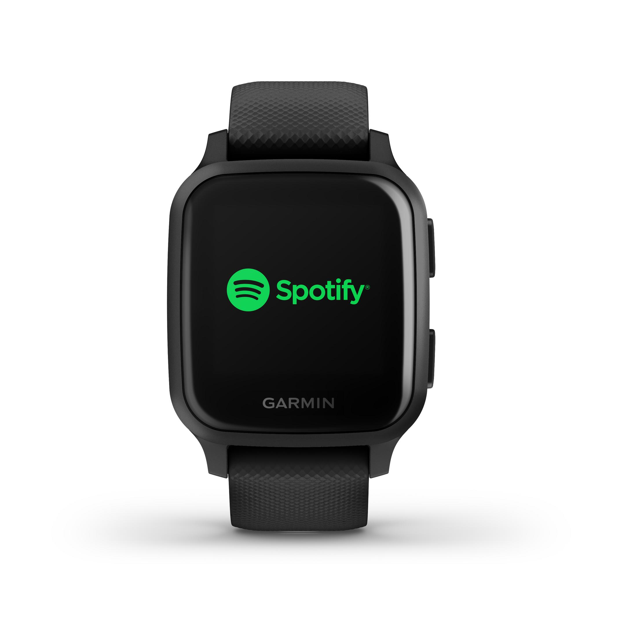 Eine schwarze Smartwatch mit dem Spotify-Logo und dem Garmin-Schriftzug auf dem Bildschirm.
