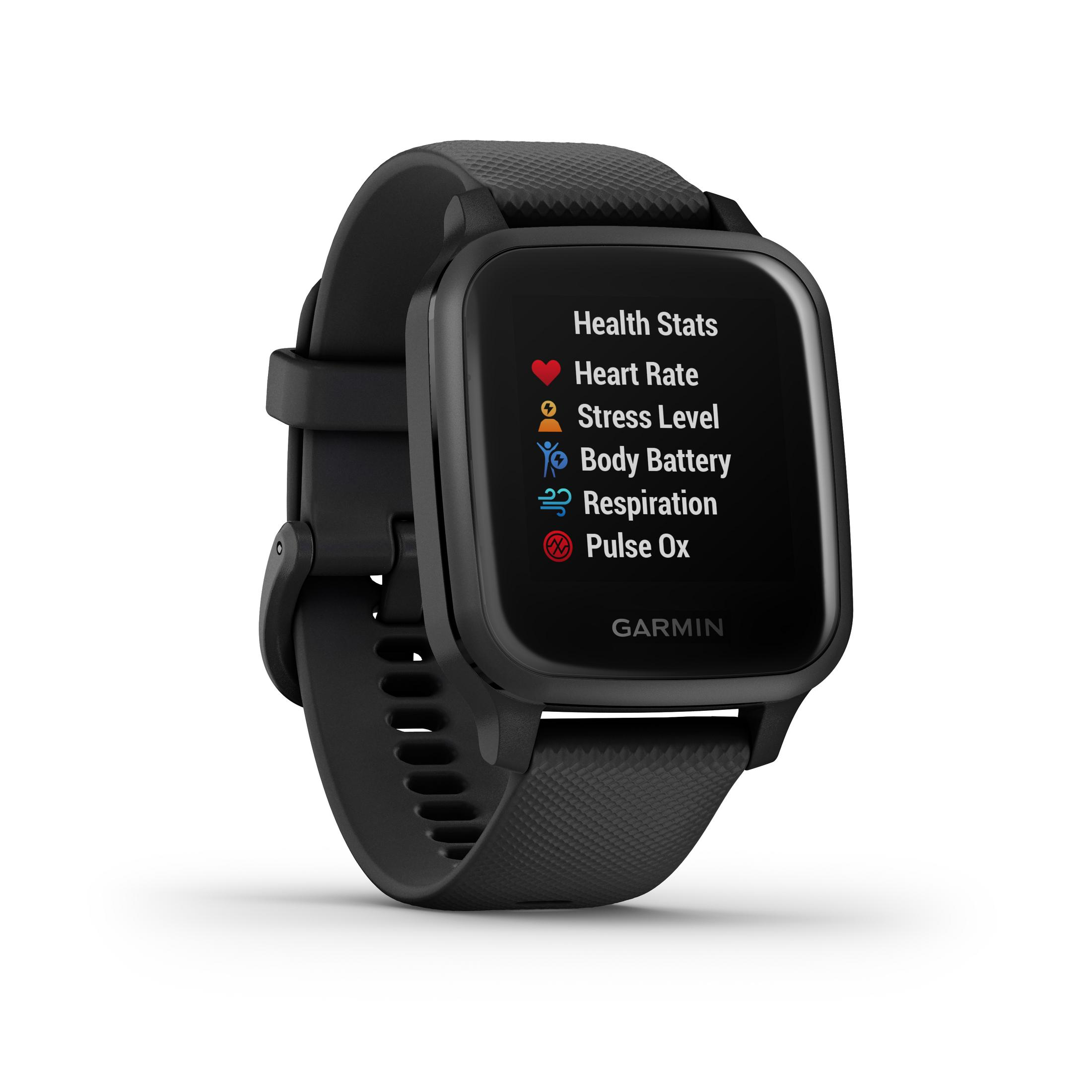 Schwarze Garmin Smartwatch mit Gesundheitsstatistiken auf dem Display.