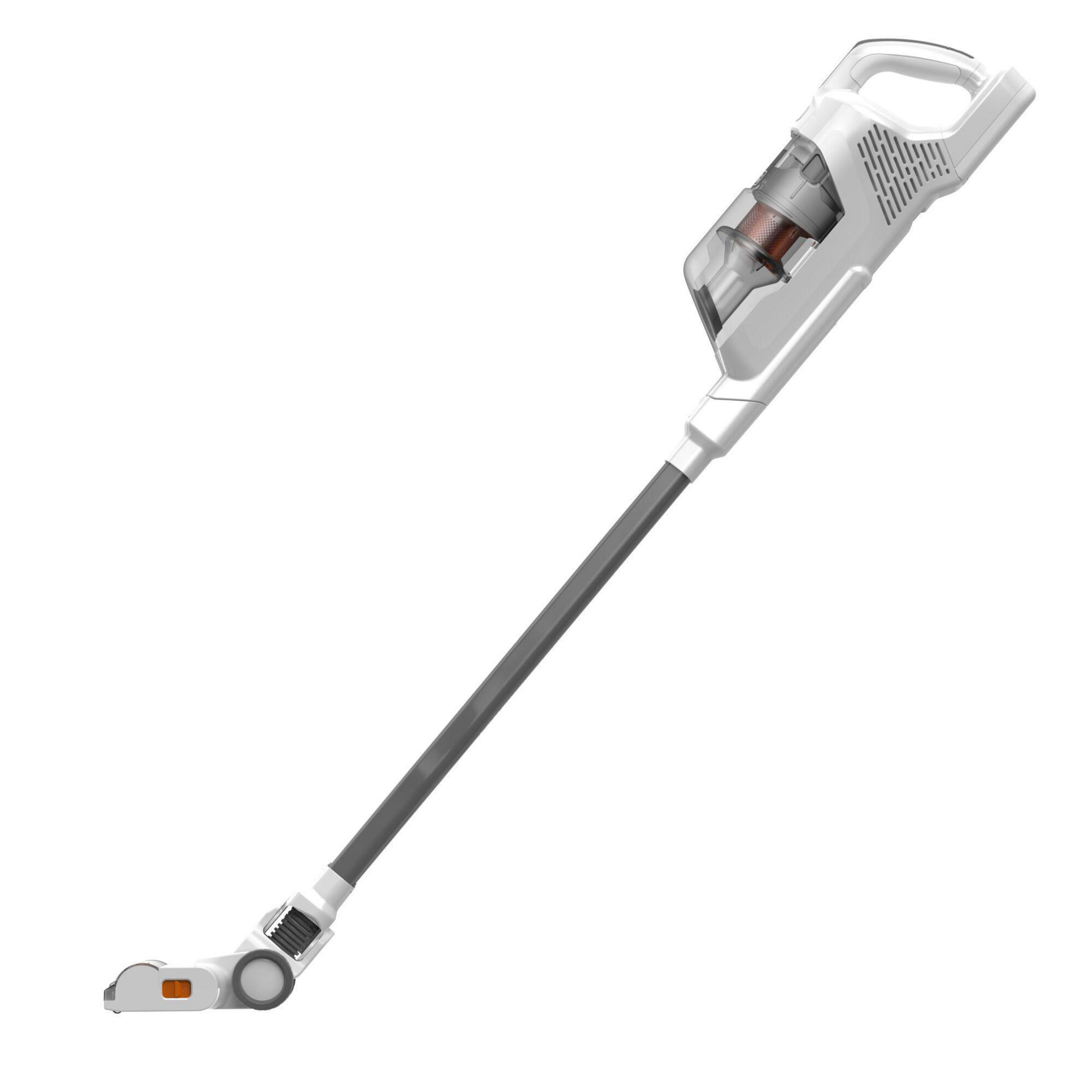 Aspirapolvere senza fili bianco e grigio ad angolo.