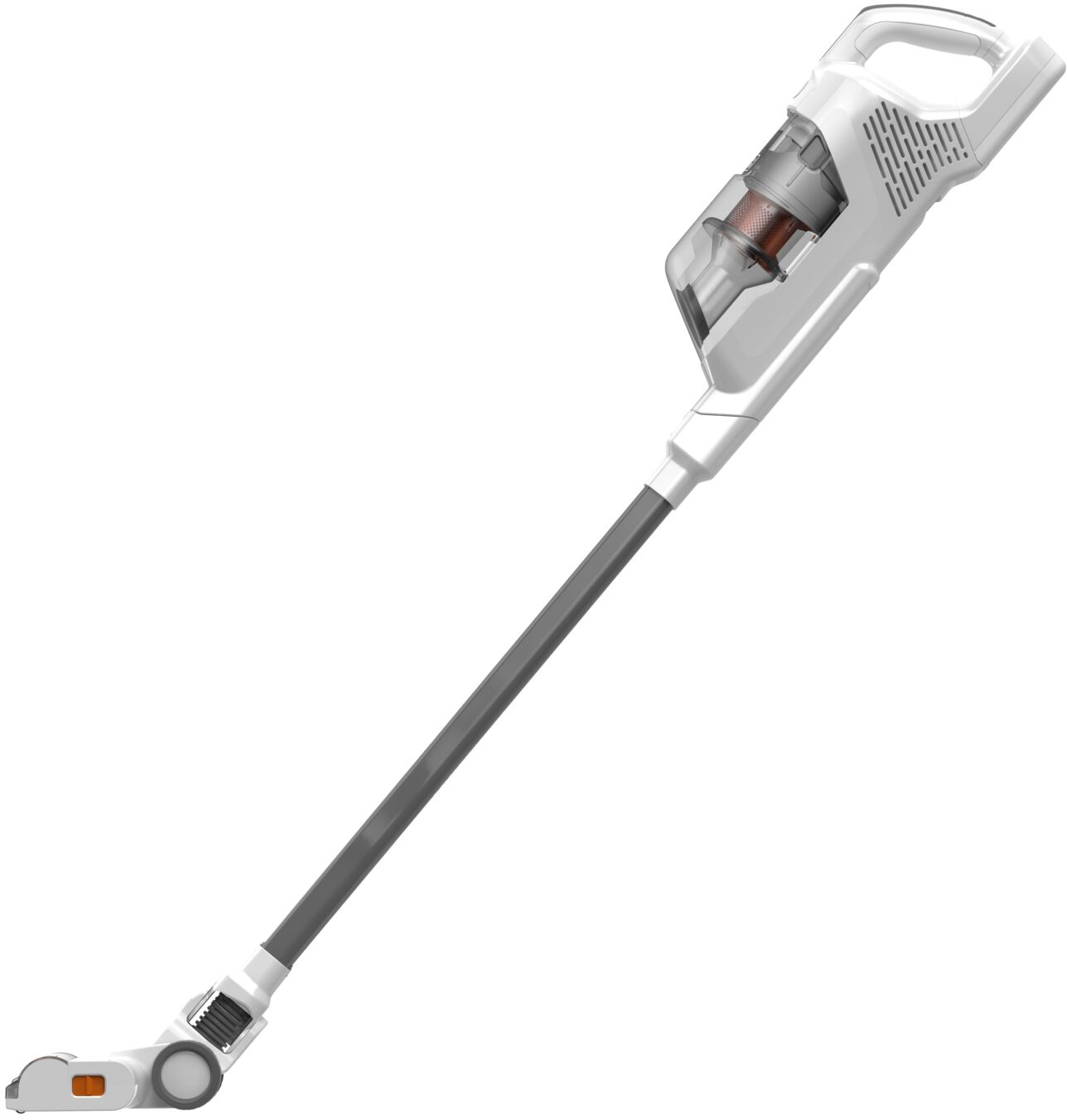 Aspirapolvere bianco e grigio su sfondo bianco, ripresa angolata.