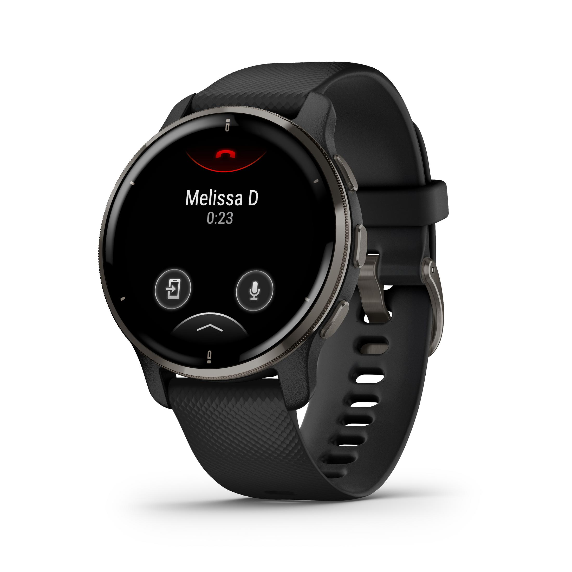 Czarny smartwatch wyświetla połączenie od Melissy D na ekranie. Zegarek ma czarny pasek.