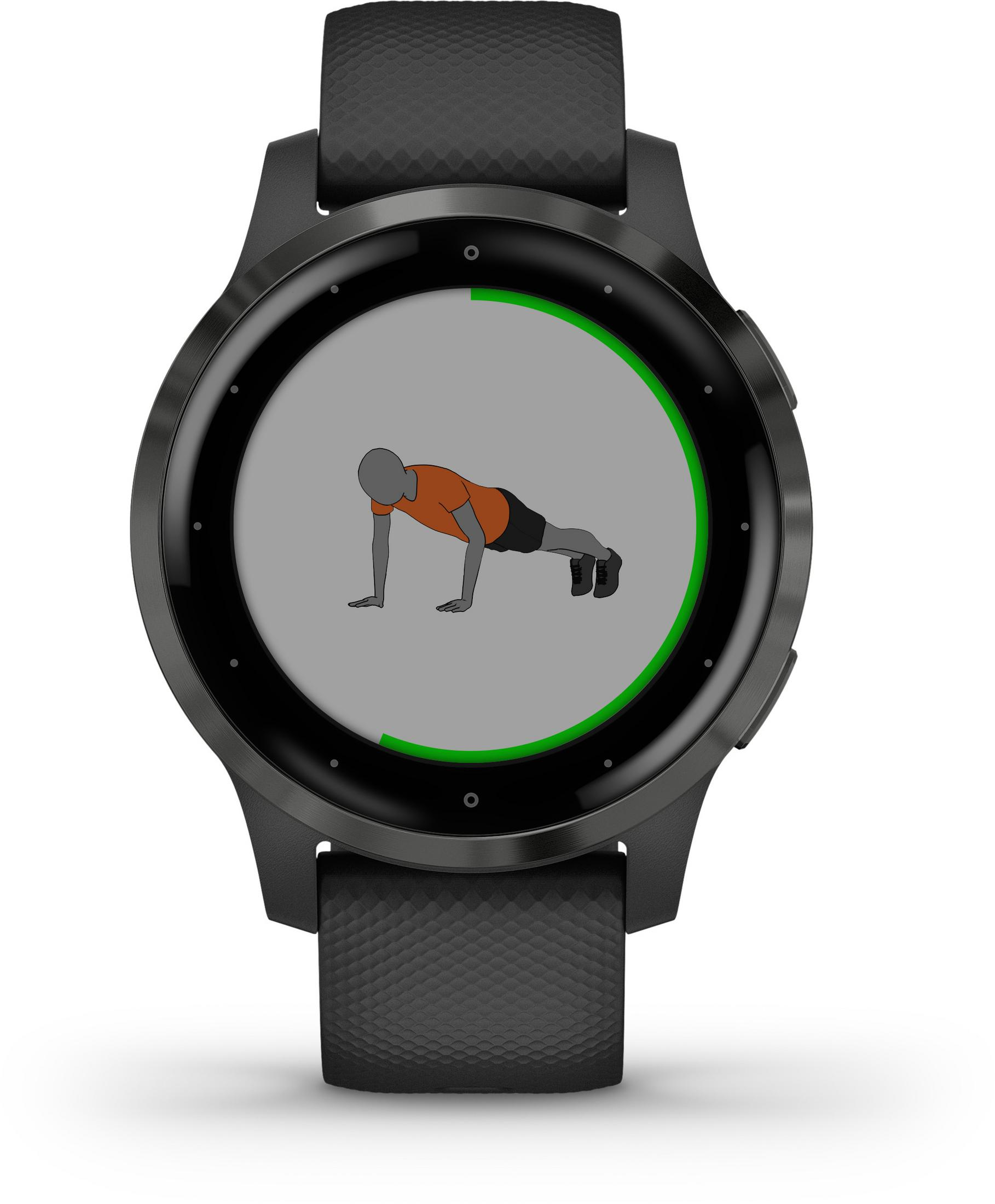 Czarny smartwatch z grafiką pompki, zielone koło na białym tle.