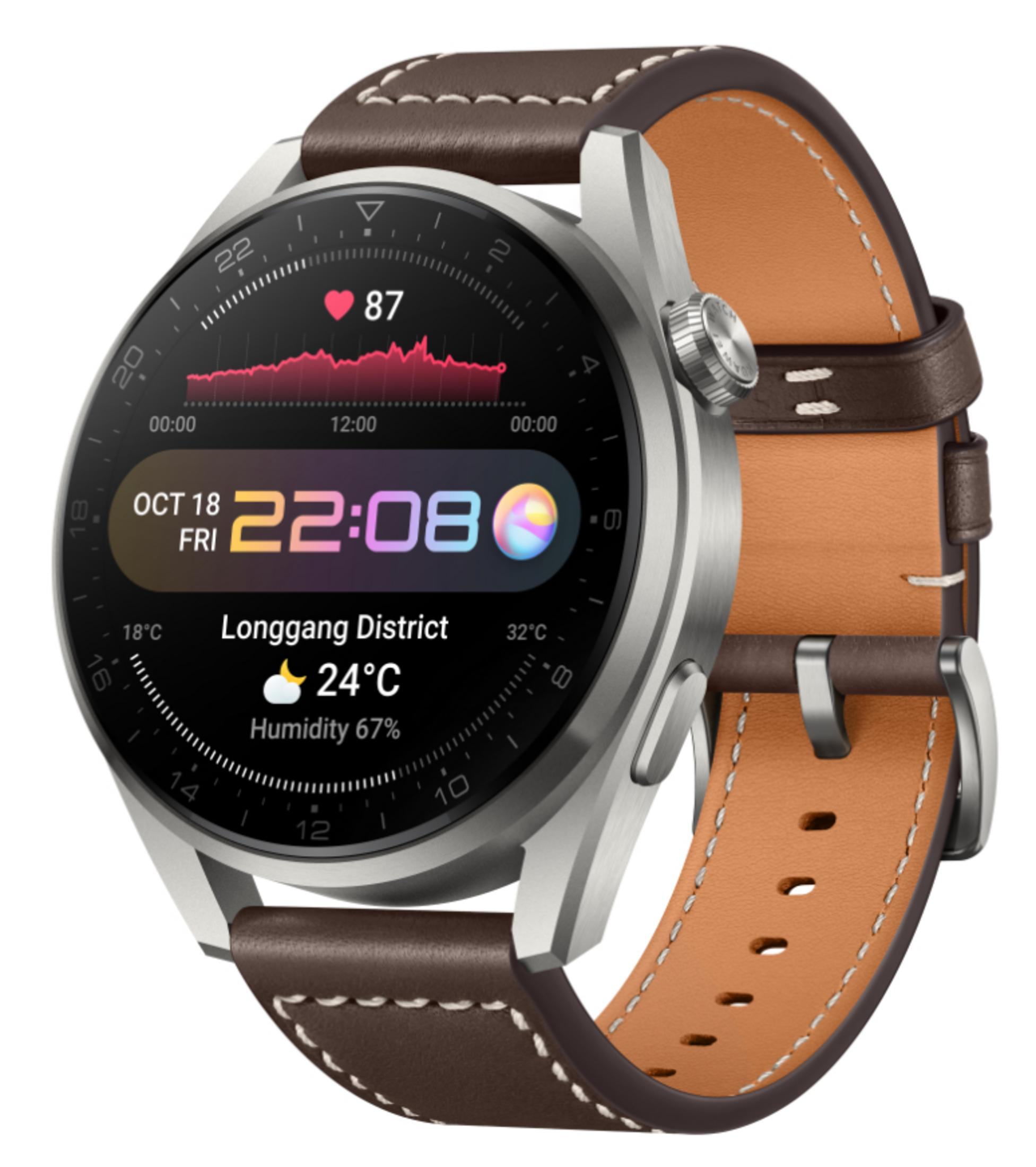 Smartwatch mit Uhrzeit, Herzfrequenz und Wetterdetails, mit braunem Lederarmband, vor weißem Hintergrund.