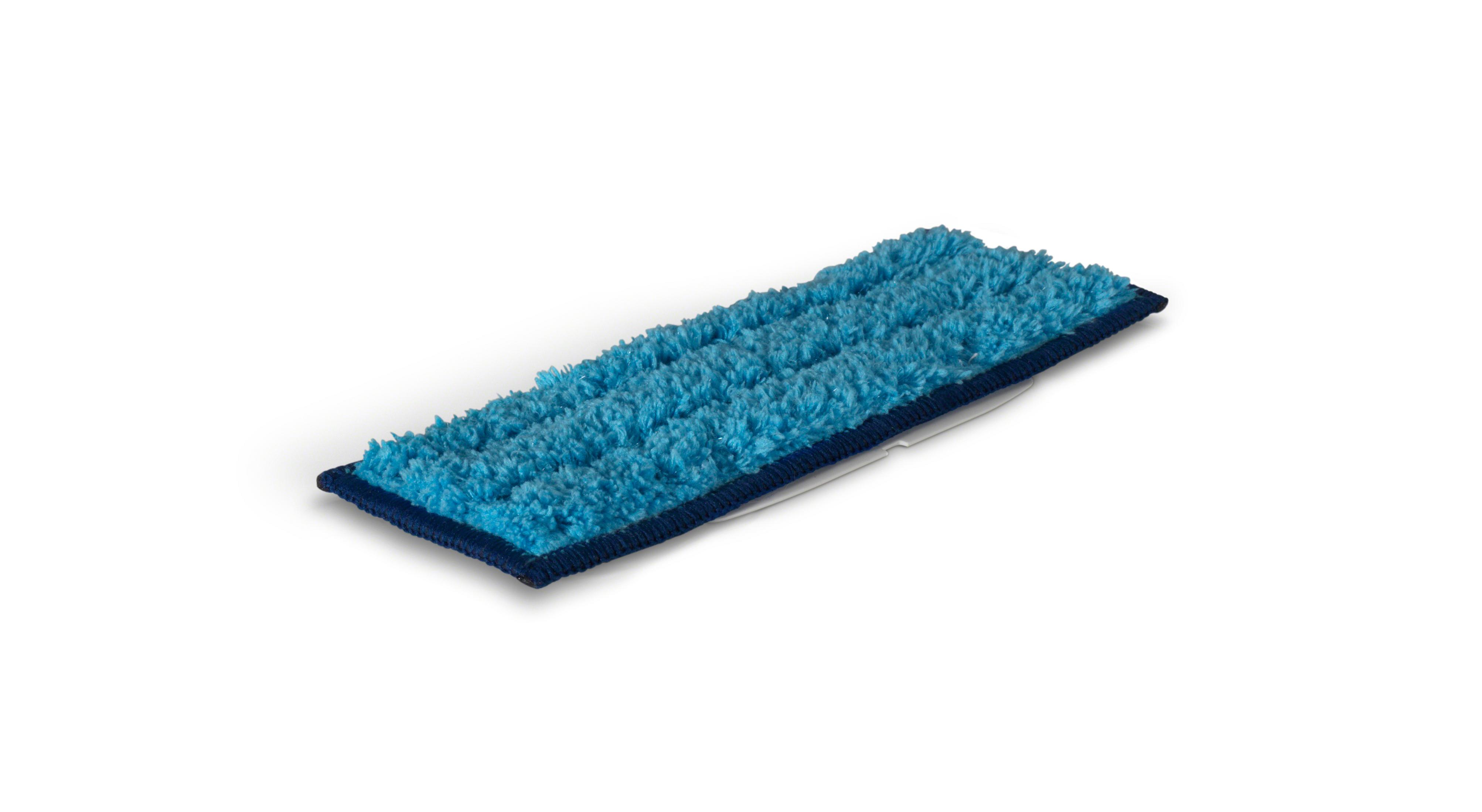 Un cabezal de trapeador rectangular azul sobre un fondo blanco.