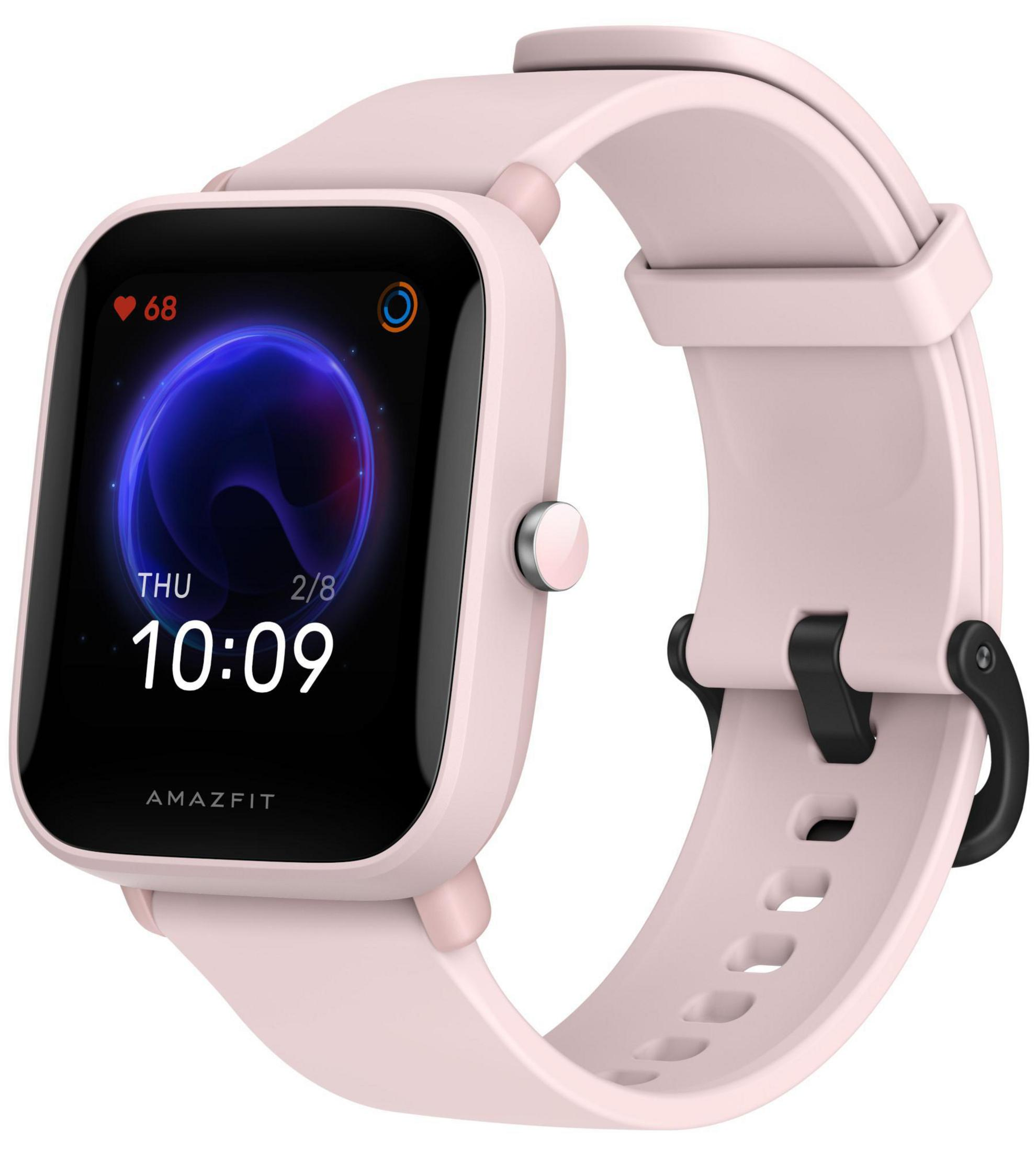 Smartwatch rosa con schermo quadrato, mostra ora e frequenza cardiaca su sfondo bianco.