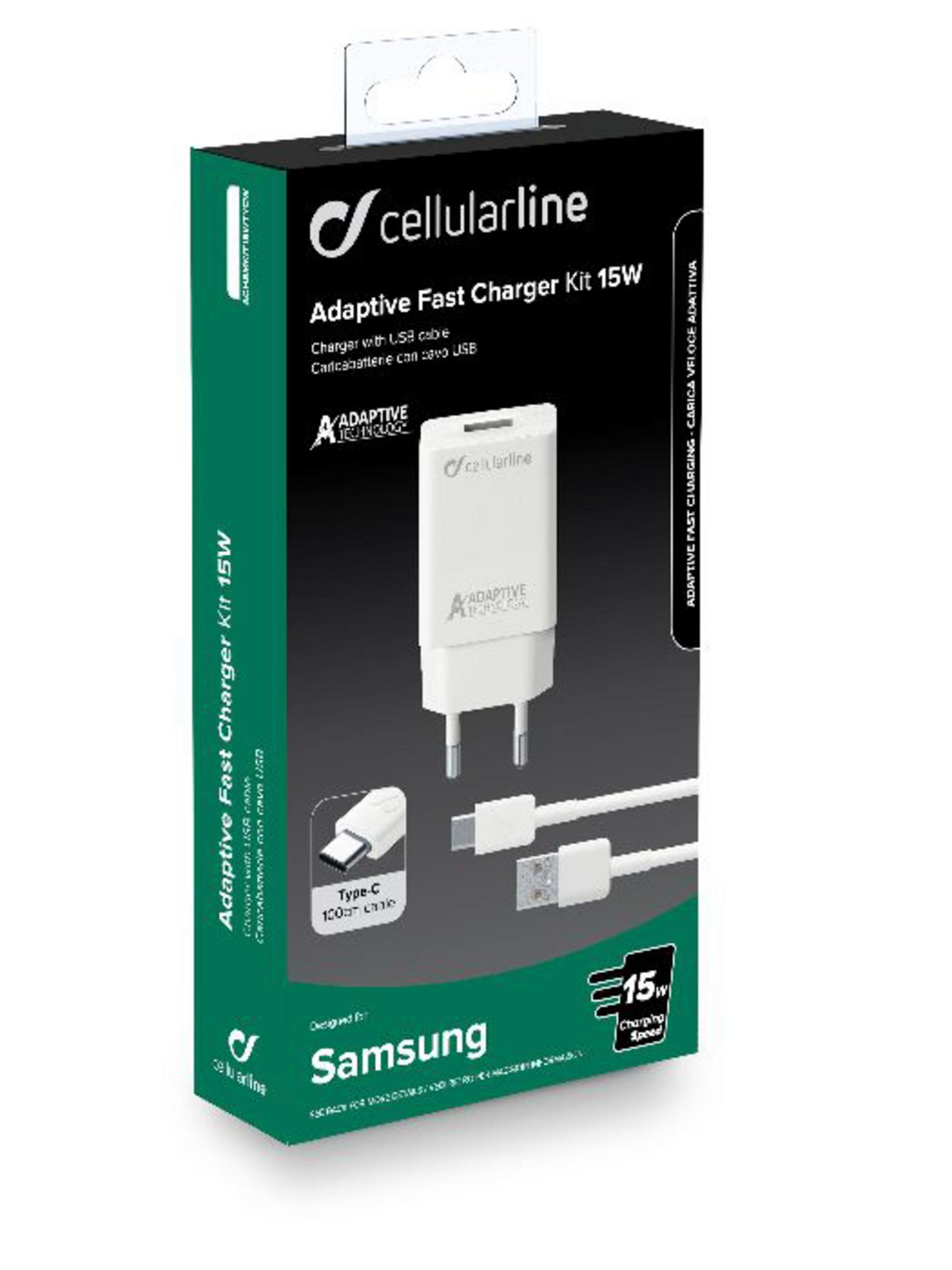 White and green box for a 15W fast charger kit with a USB-C cable.