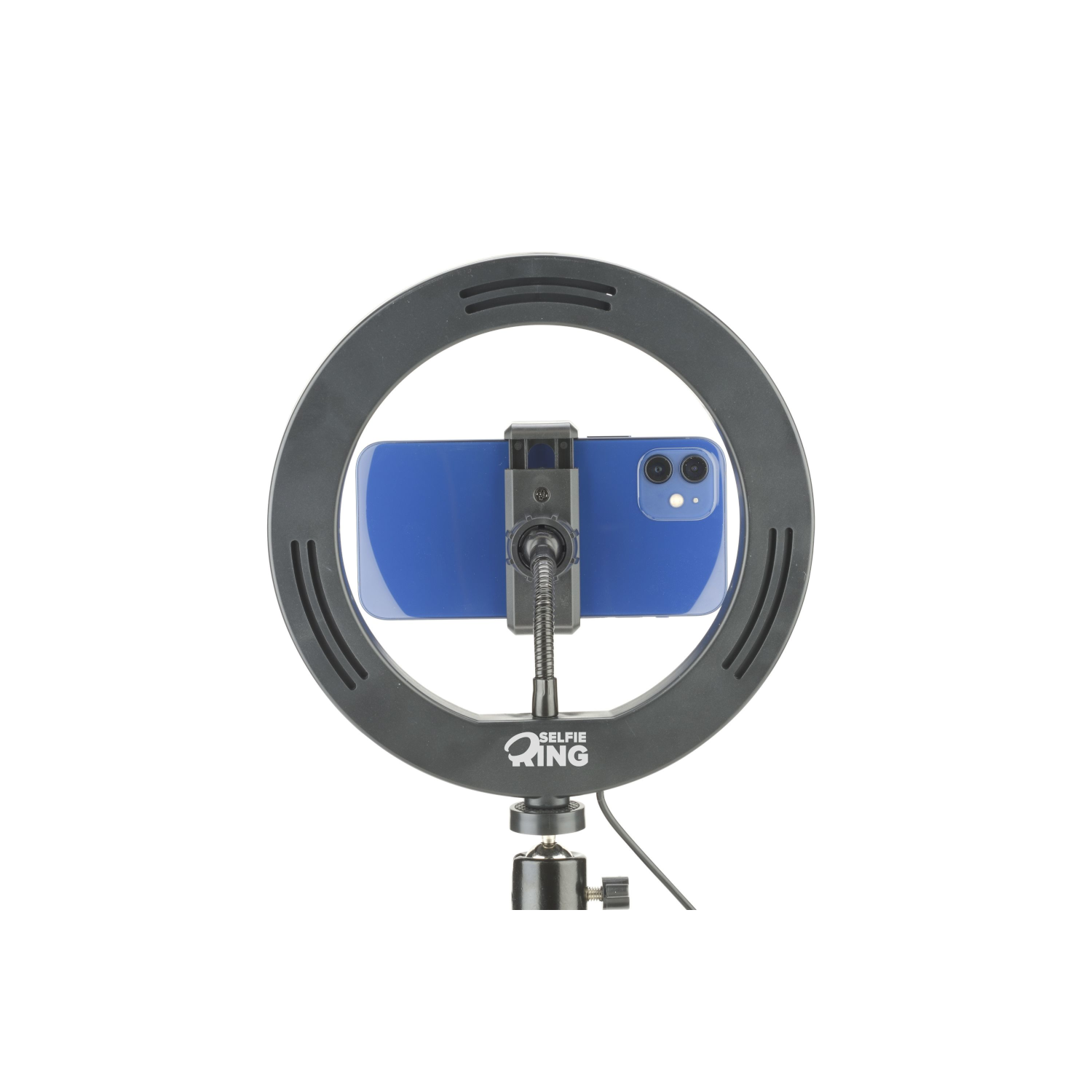 Anello luminoso selfie nero con telefono attaccato. Il telefono è blu.