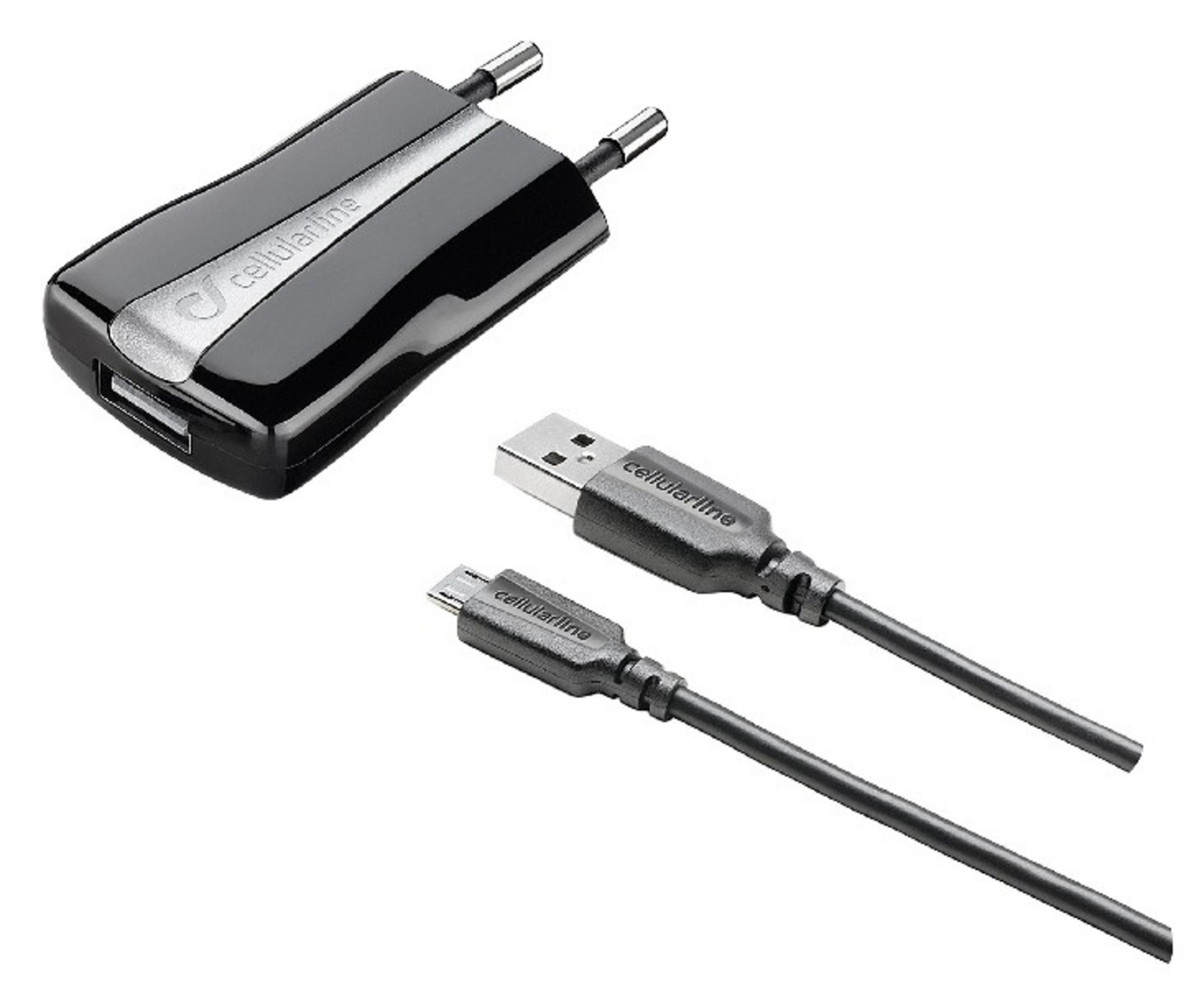 Zwarte oplader met een USB-poort en een USB naar micro-USB kabel.