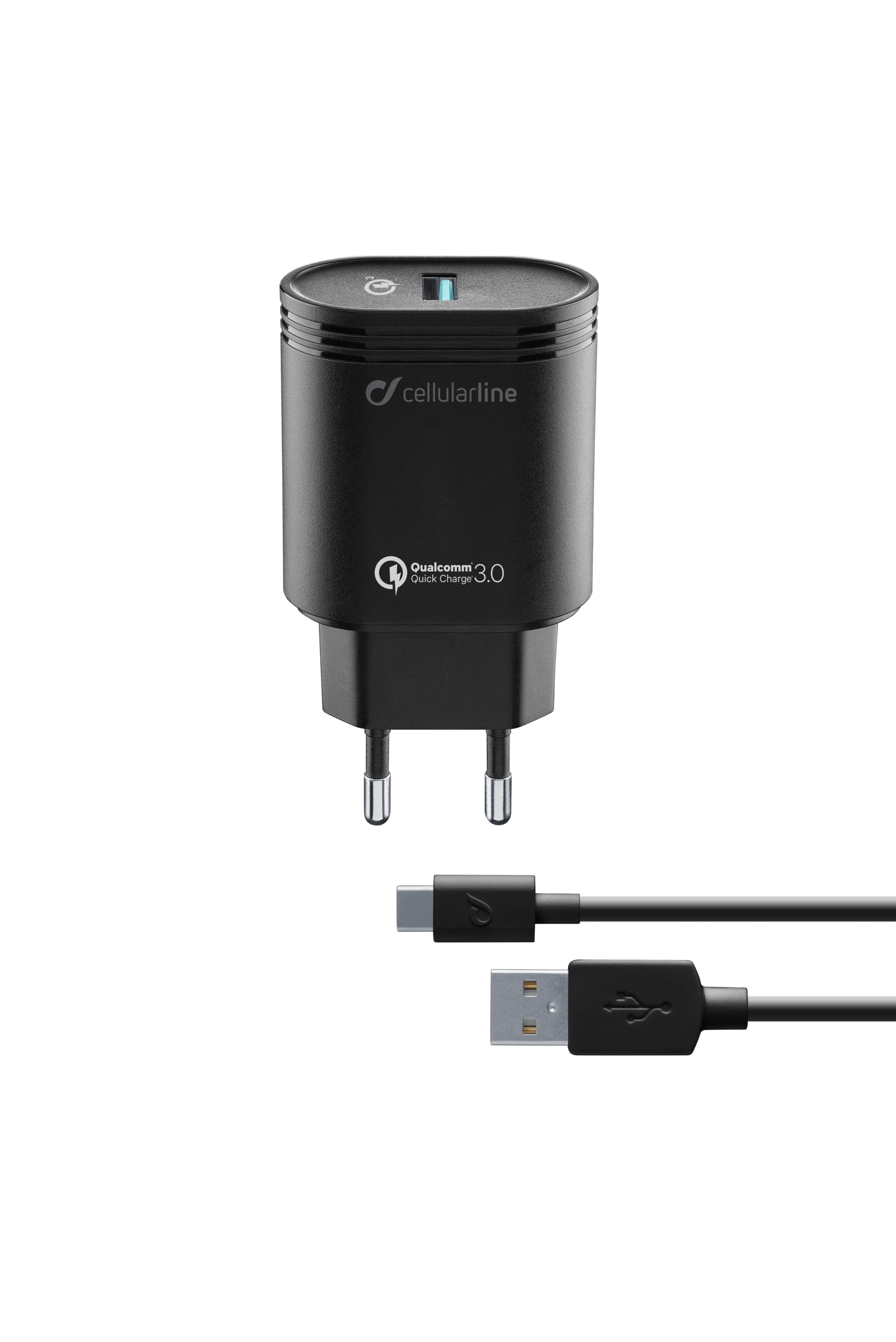 Een zwarte oplader met een USB-kabel en een USB-C-kabel op een zwarte achtergrond.