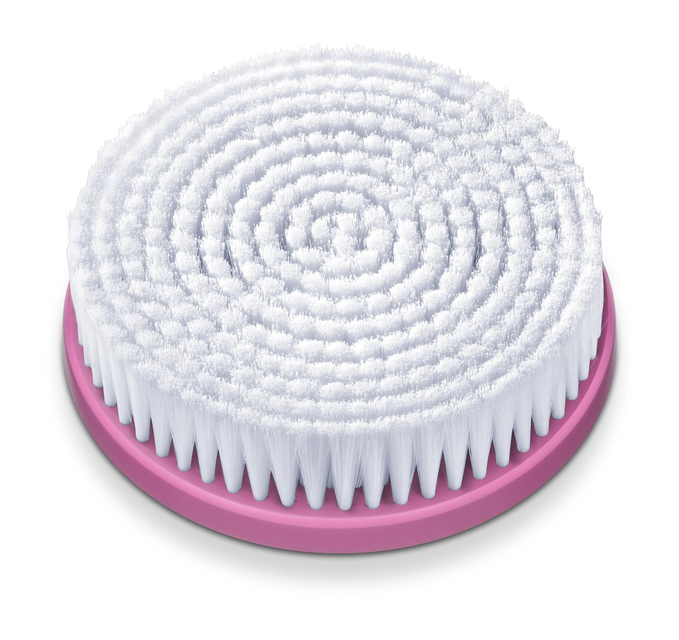 Brosse faciale ronde blanche avec une base rose.