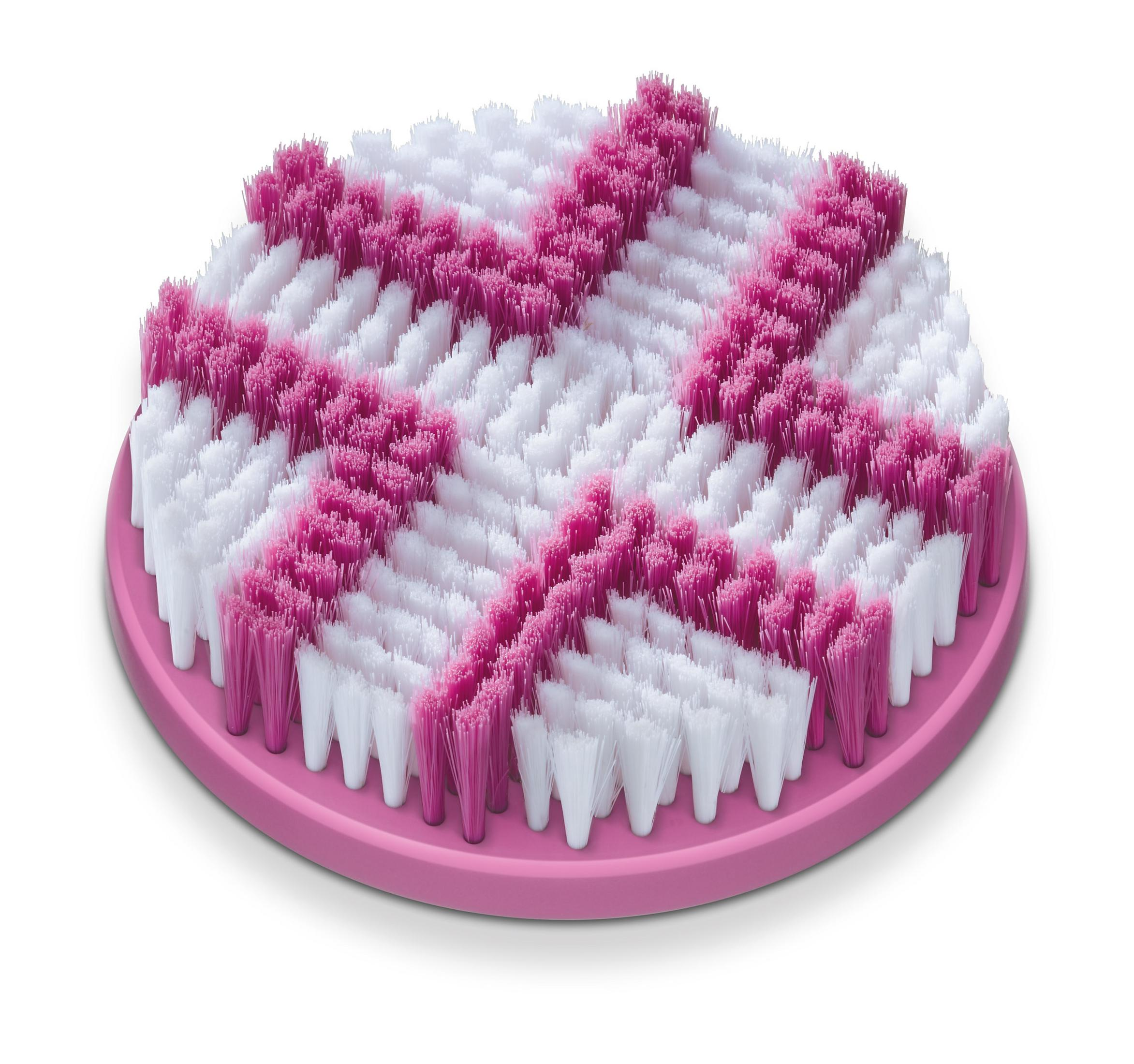 Brosse faciale circulaire avec poils blancs et roses sur une base rose.