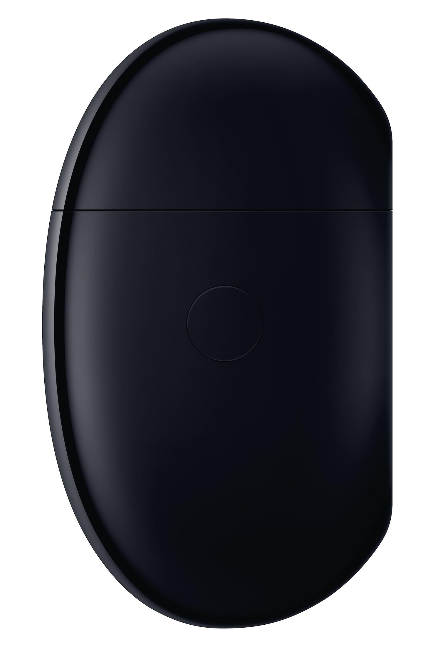 Czarny futerał ładujący do słuchawek. Ma okrągły przycisk i gładką powierzchnię.