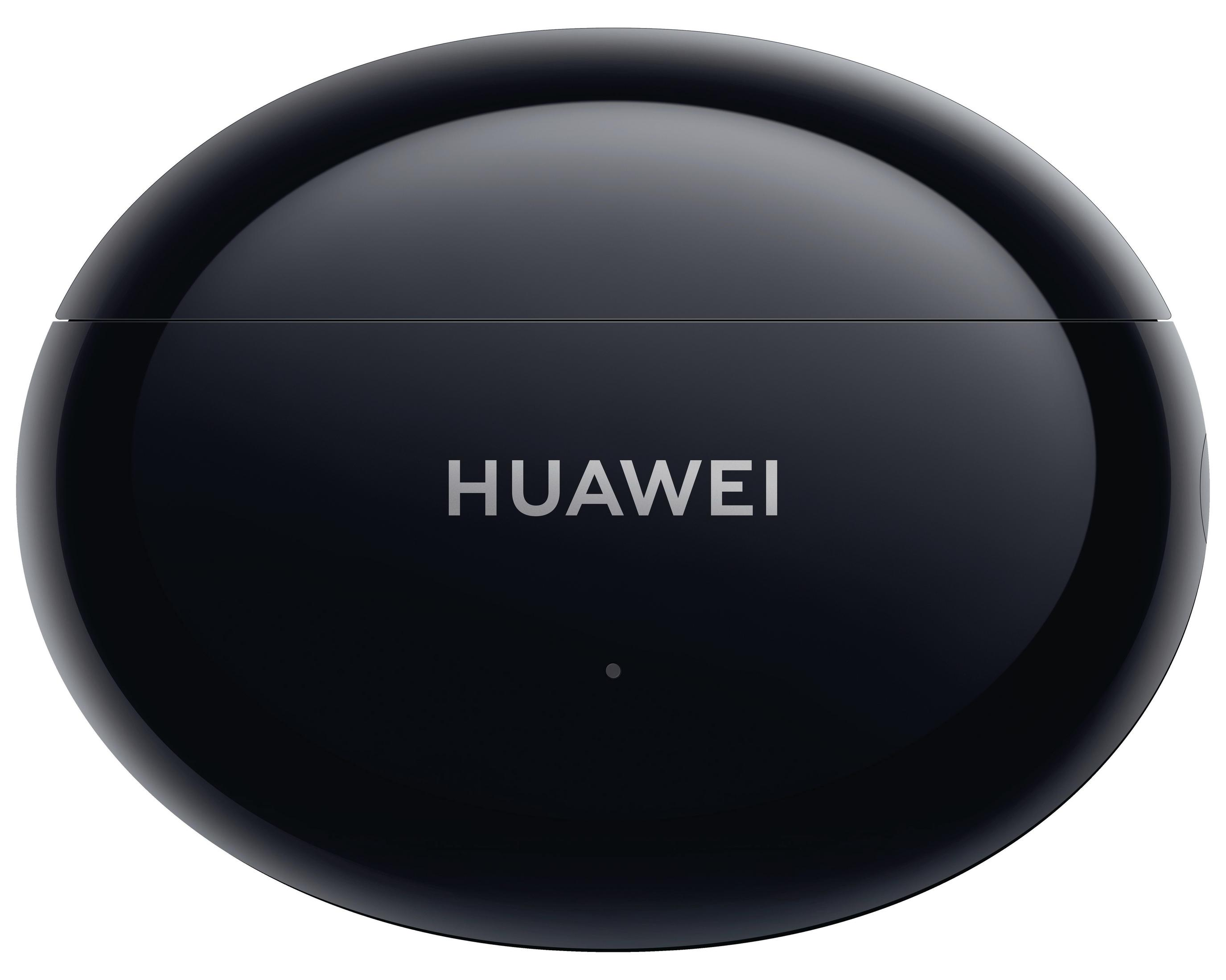 Czarne etui na słuchawki Huawei. Etui ma owalny kształt. Białe tło.