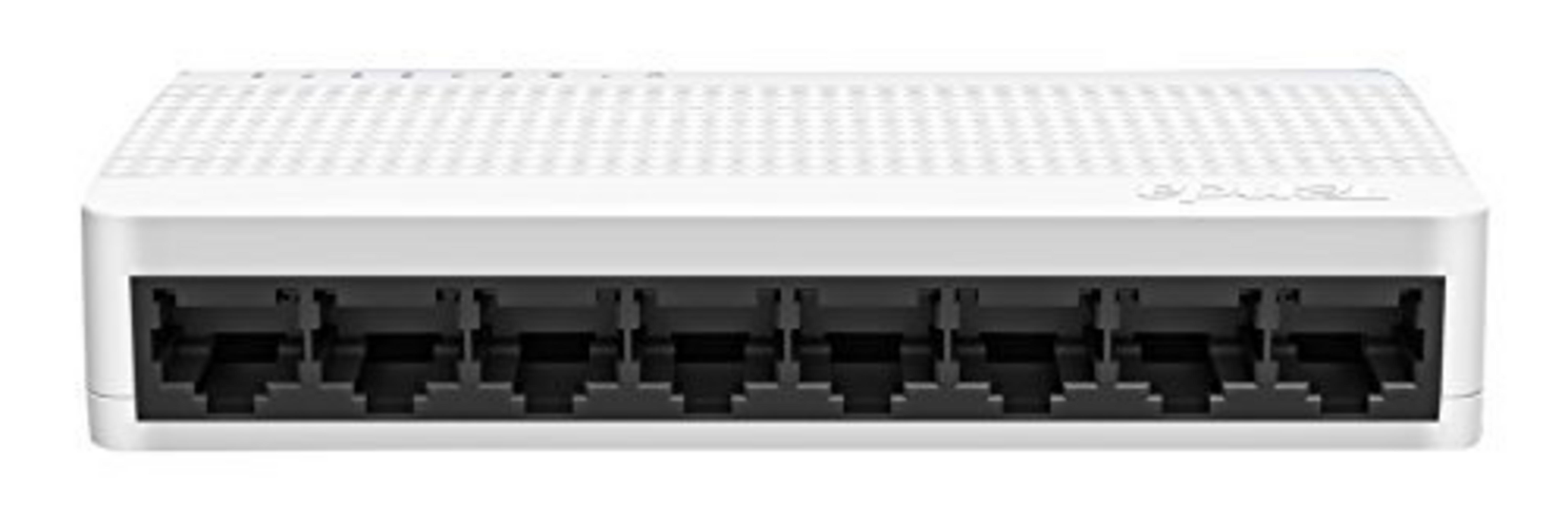 Önden görünüşlü sekiz ethernet bağlantı noktasına sahip beyaz bir ağ anahtarı.