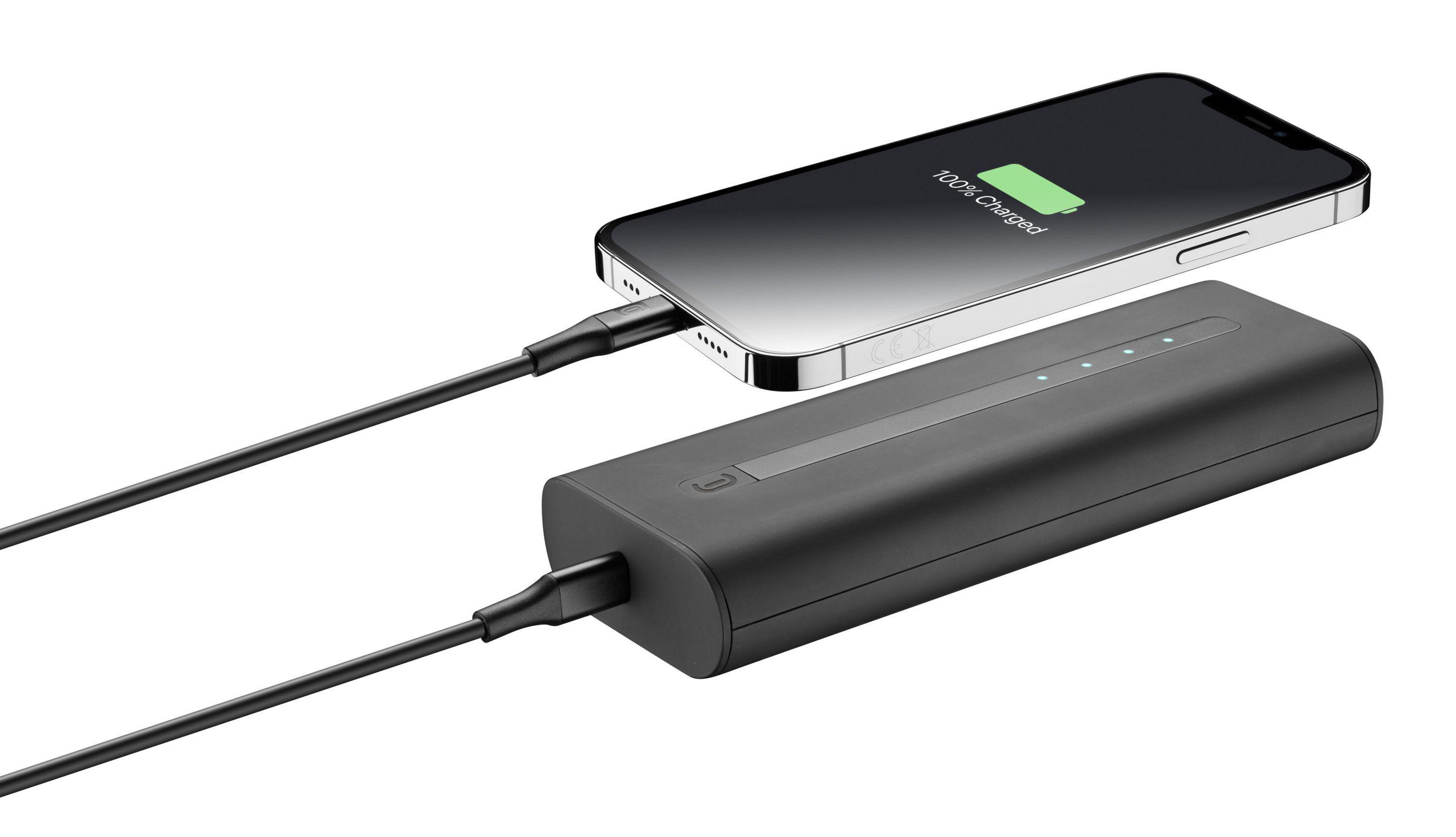 Eine schwarze Powerbank, die ein Telefon über ein Kabel auflädt, das 100 % geladen anzeigt.