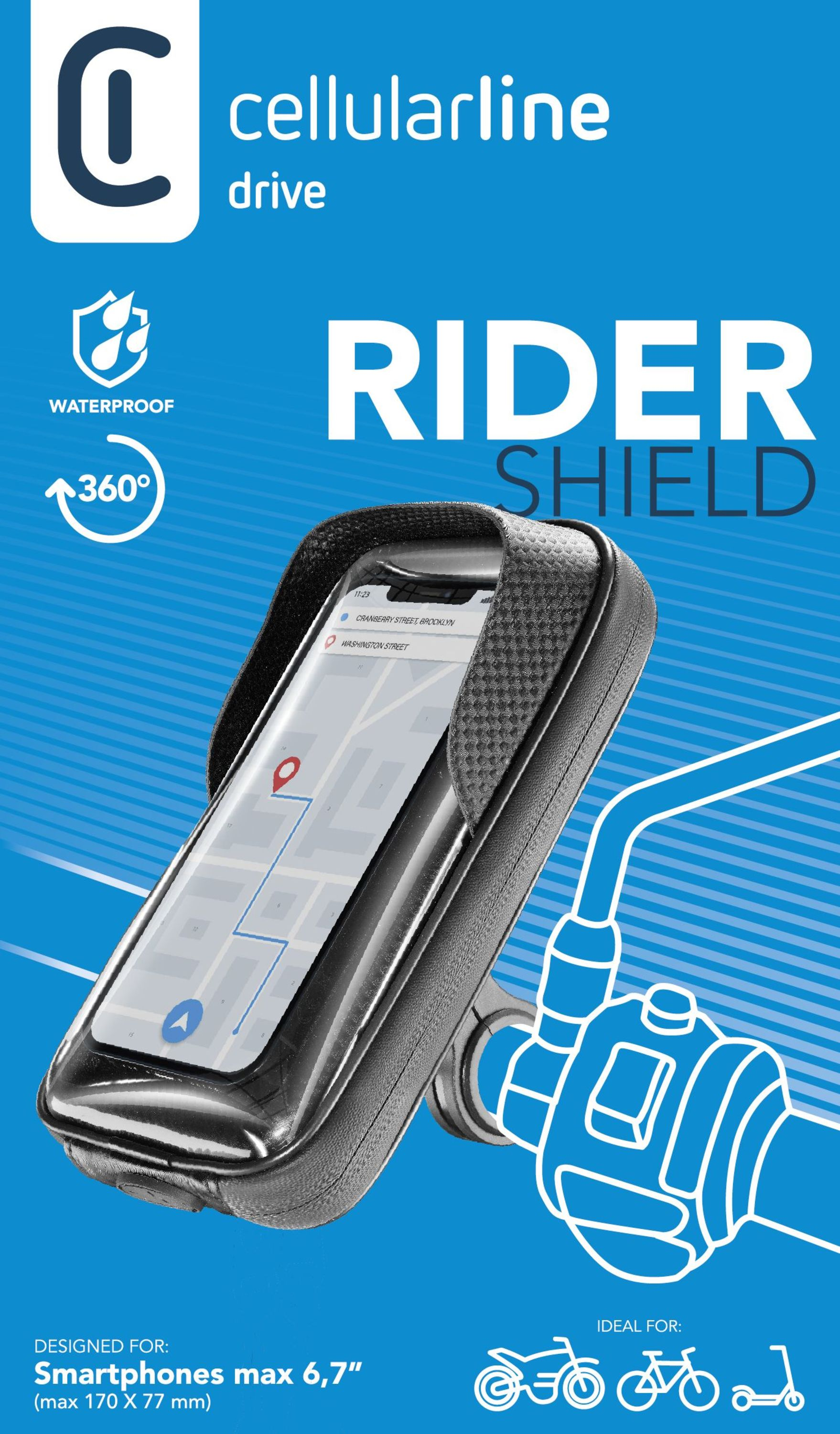 Cellularline Rider Shield telefoonhoes voor fietsen, toont telefoon met kaart.