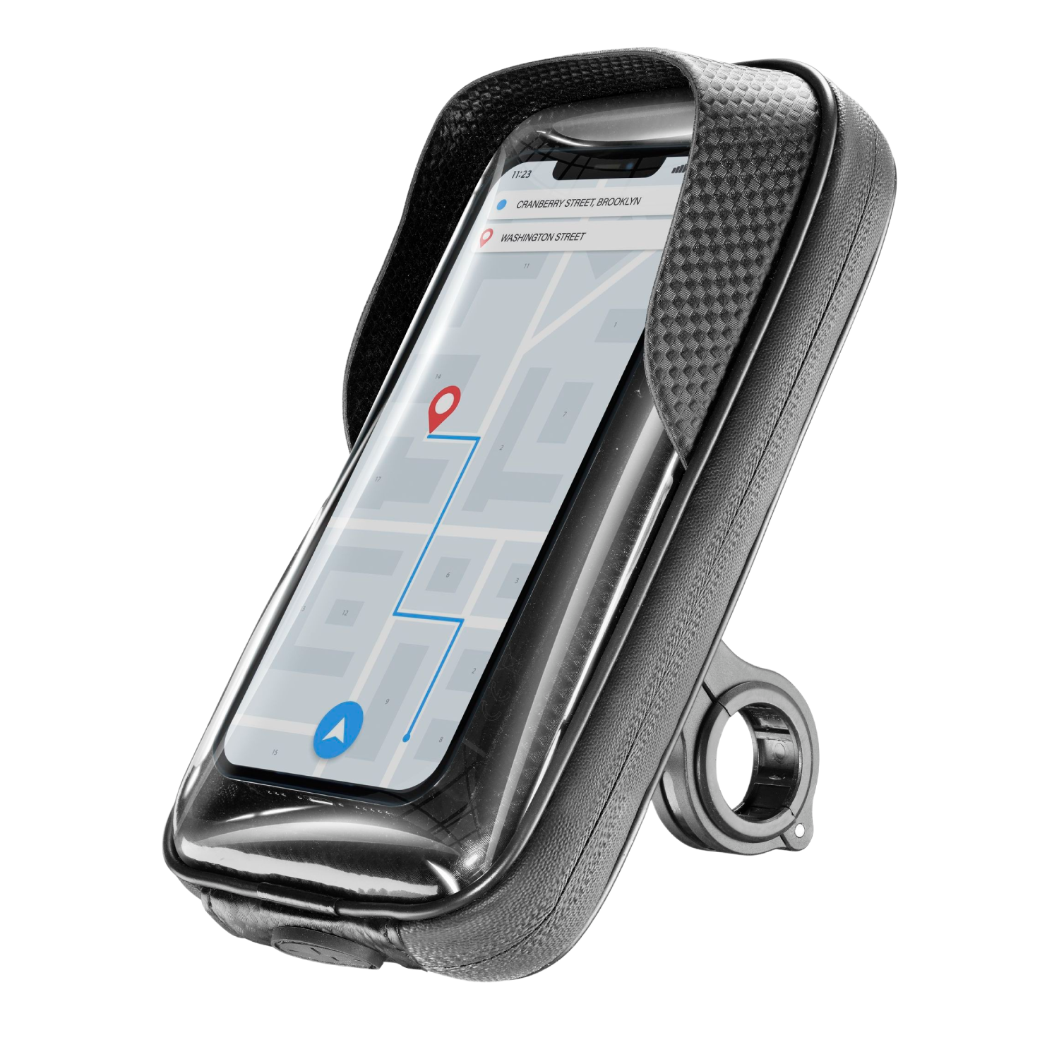 Zwarte telefoonhouder op een fietsstuur, met een telefoon die een kaart en routebeschrijvingen toont.