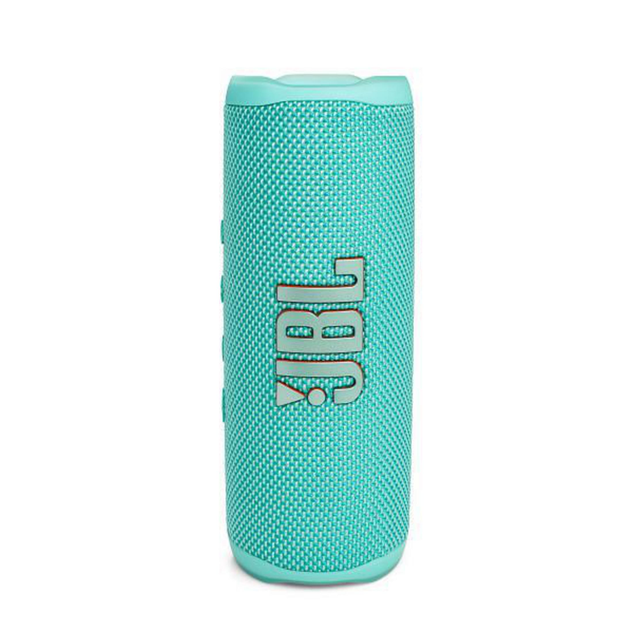 Altavoz JBL turquesa sobre fondo blanco. El logotipo de JBL está impreso en blanco.