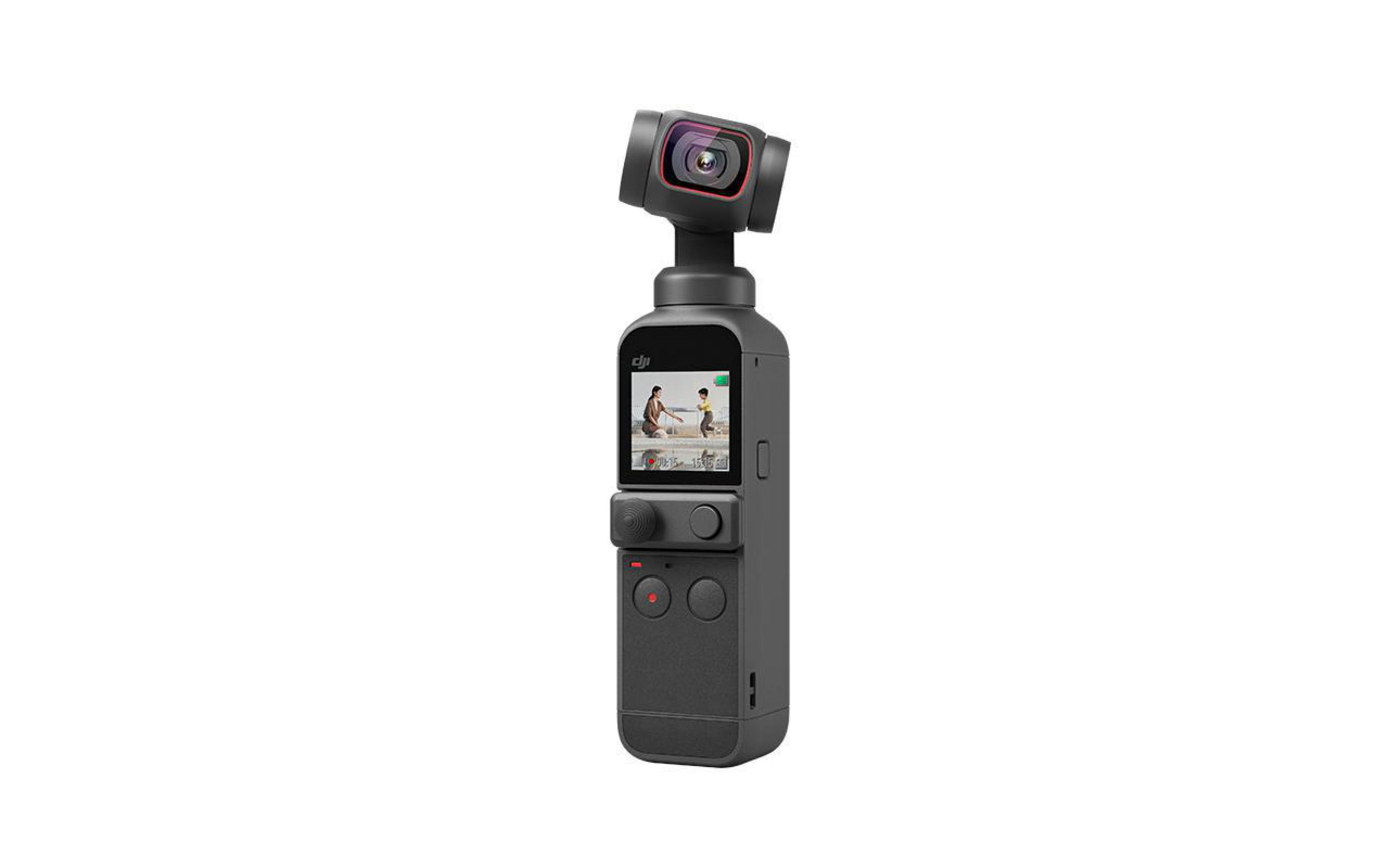 Eine schwarze Kamera mit Bildschirm und Gimbal, auf weißem Hintergrund.