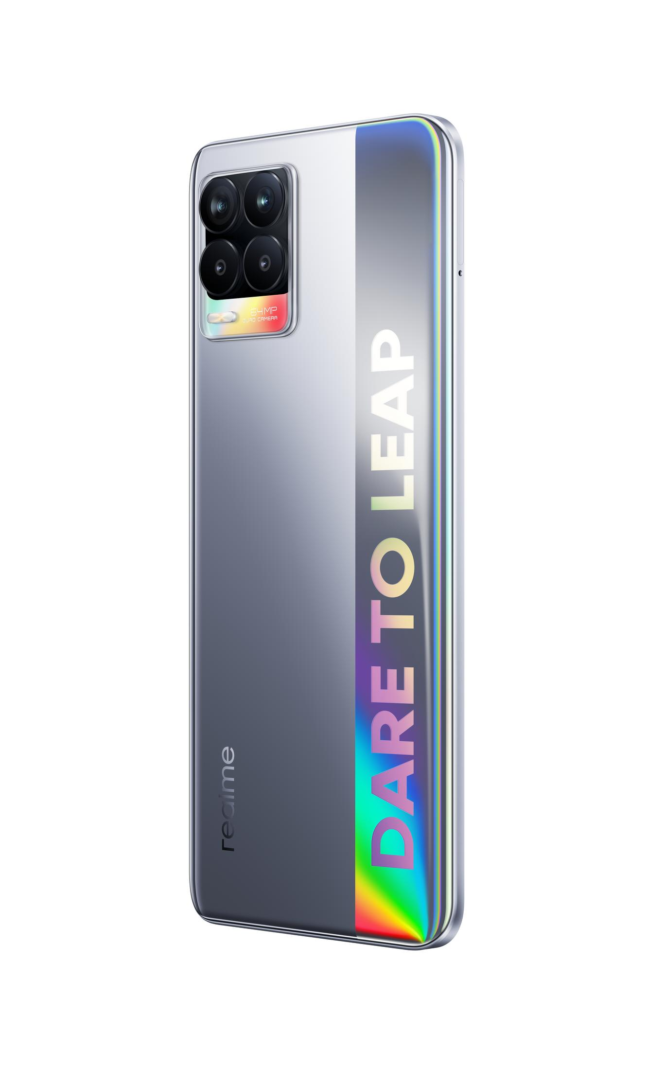 Silbernes Realme-Telefon mit Farbverlauf, vier Rückkameras und Text: DARE TO LEAP.