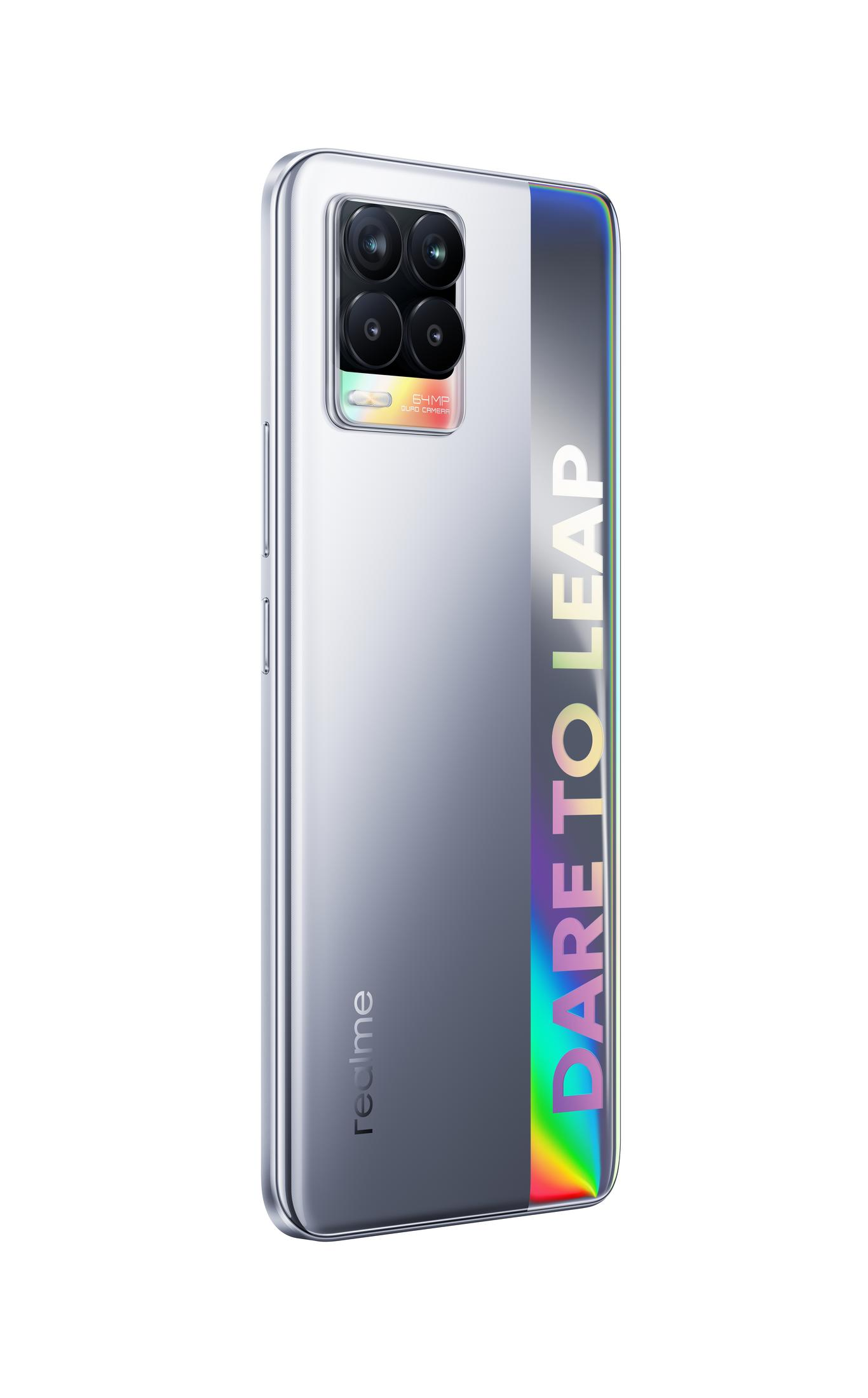 Silbernes und schwarzes Telefon mit farbigem Streifen. Weißer Hintergrund.