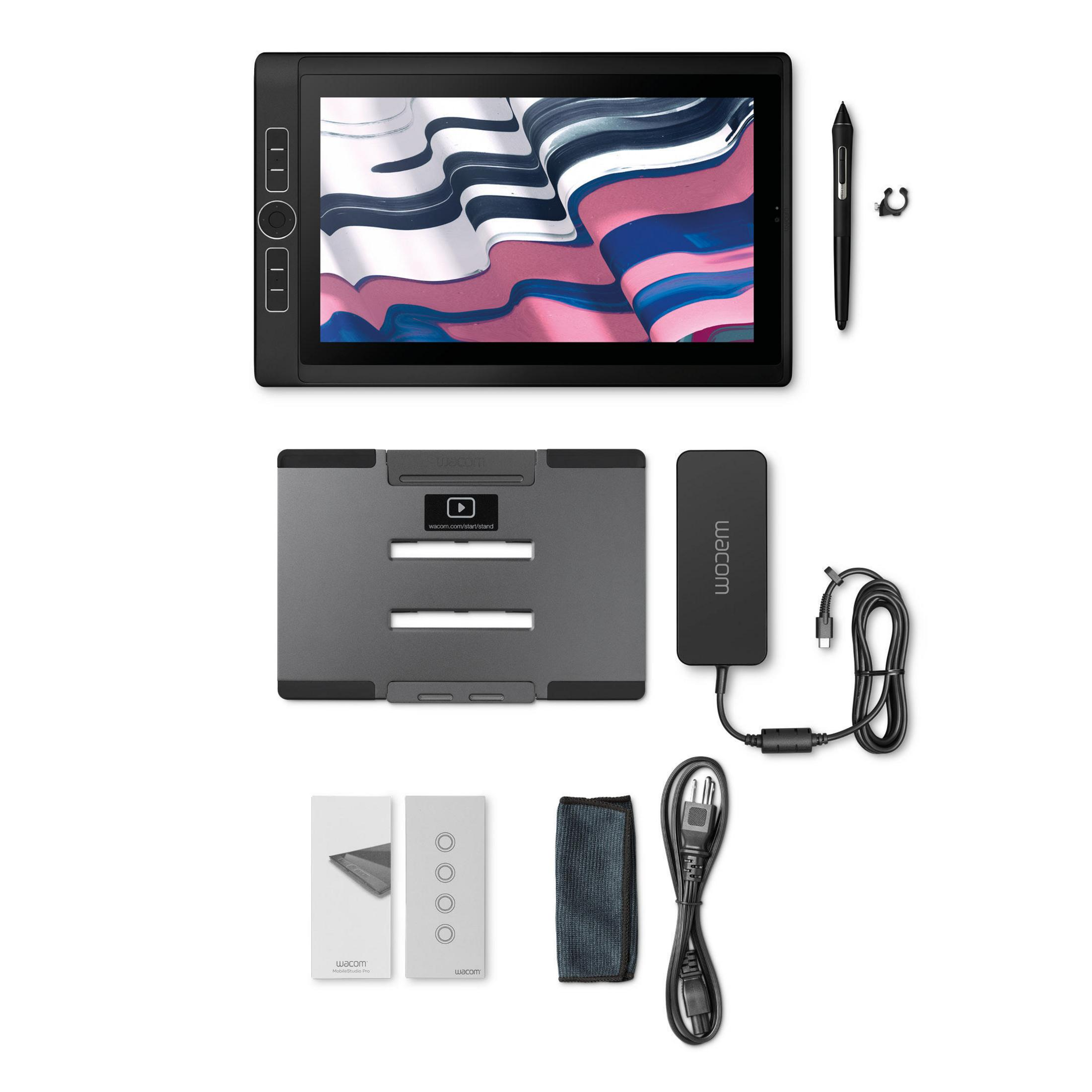 Wacom Zeichentablett-Setup. Enthält Tablet, Stift, Ständer, Netzteil und Zubehör. Schwarz.