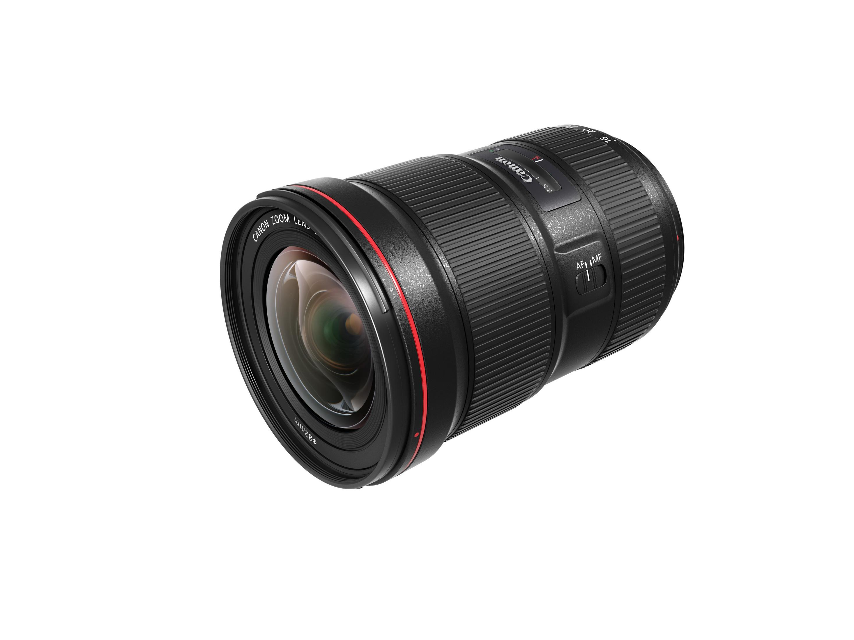 Canon-Objektiv mit rotem Ring, schwarzem Gehäuse und Glas auf weißem Hintergrund.